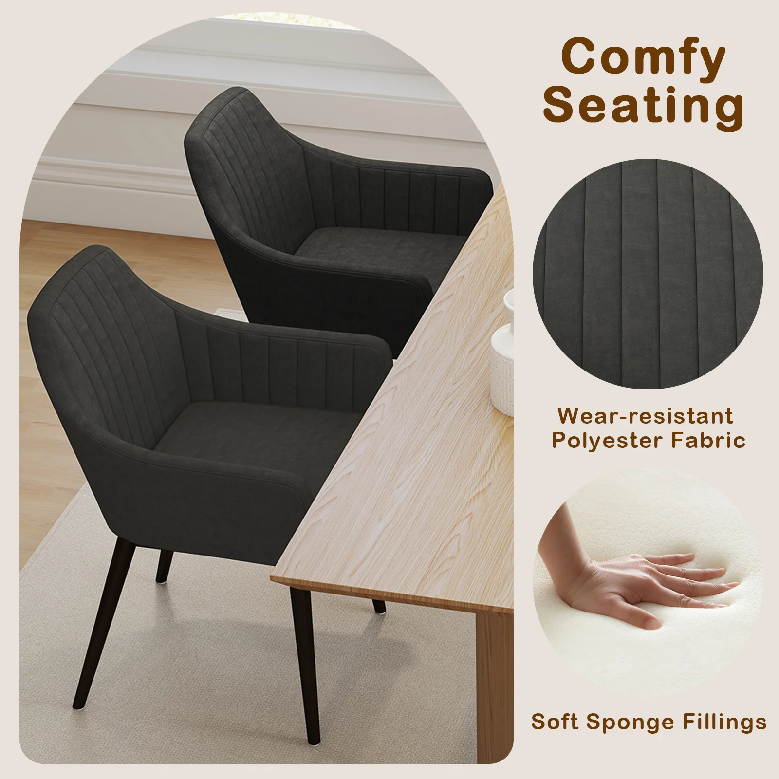 Dining Chairs Set of 2 Upholstered Accent Chairs with Comfy Padded Backrest and Seat, Black - Image 7