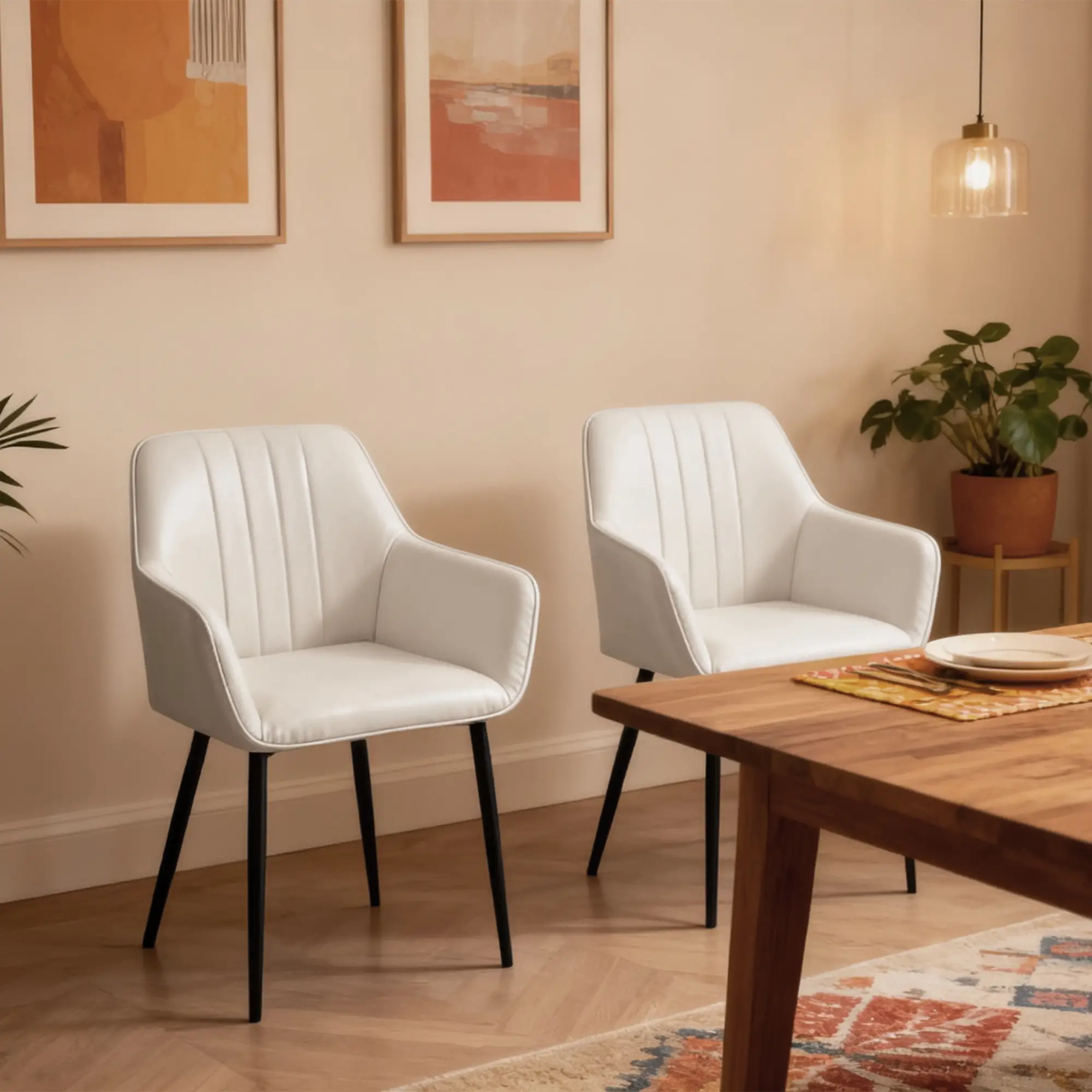 Dining Chairs Set of 2, Upholstered Linen Fabric, Beige - Image 8