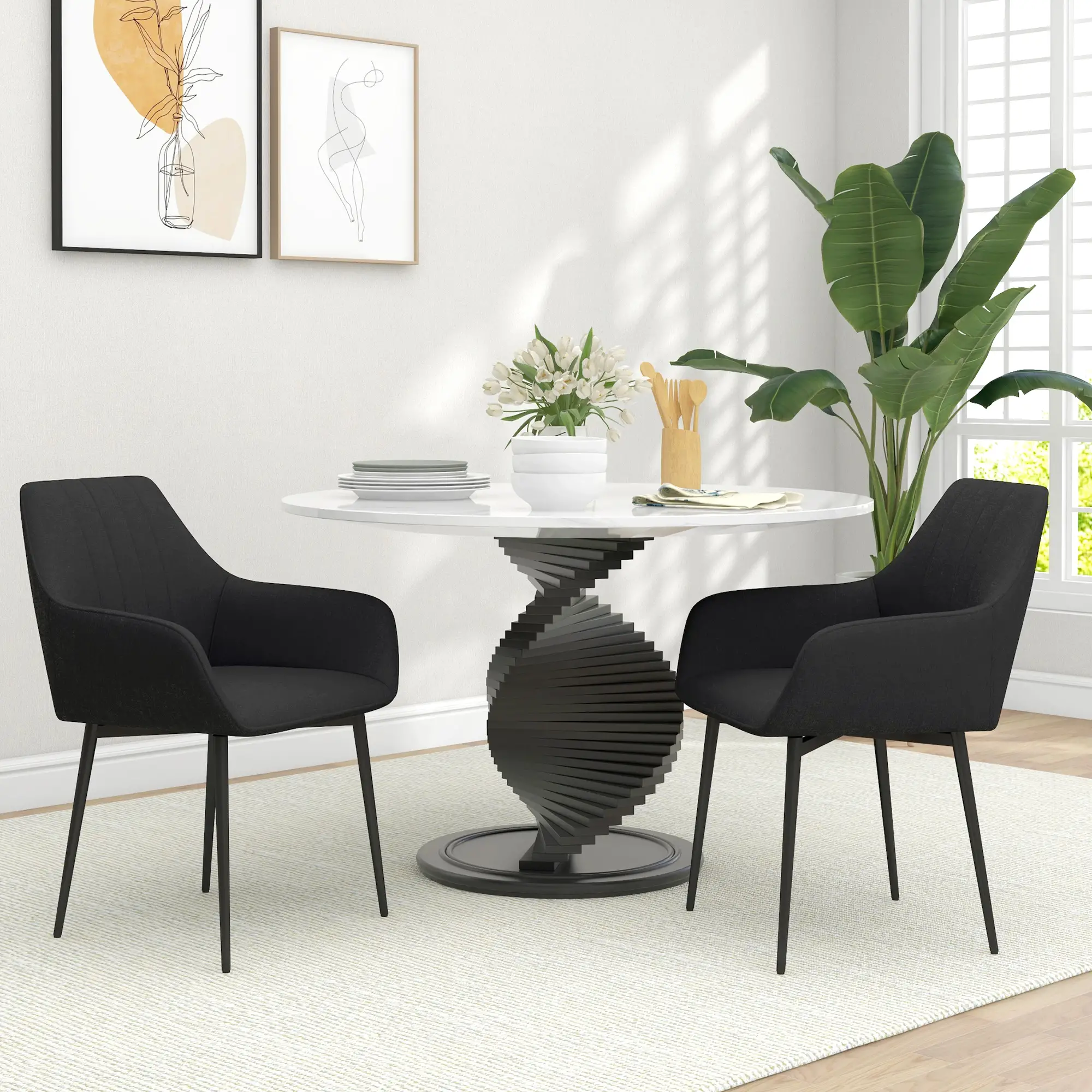 Dining Chairs Set of 2, Upholstered Linen Fabric, Metal Legs, Black - Image 2