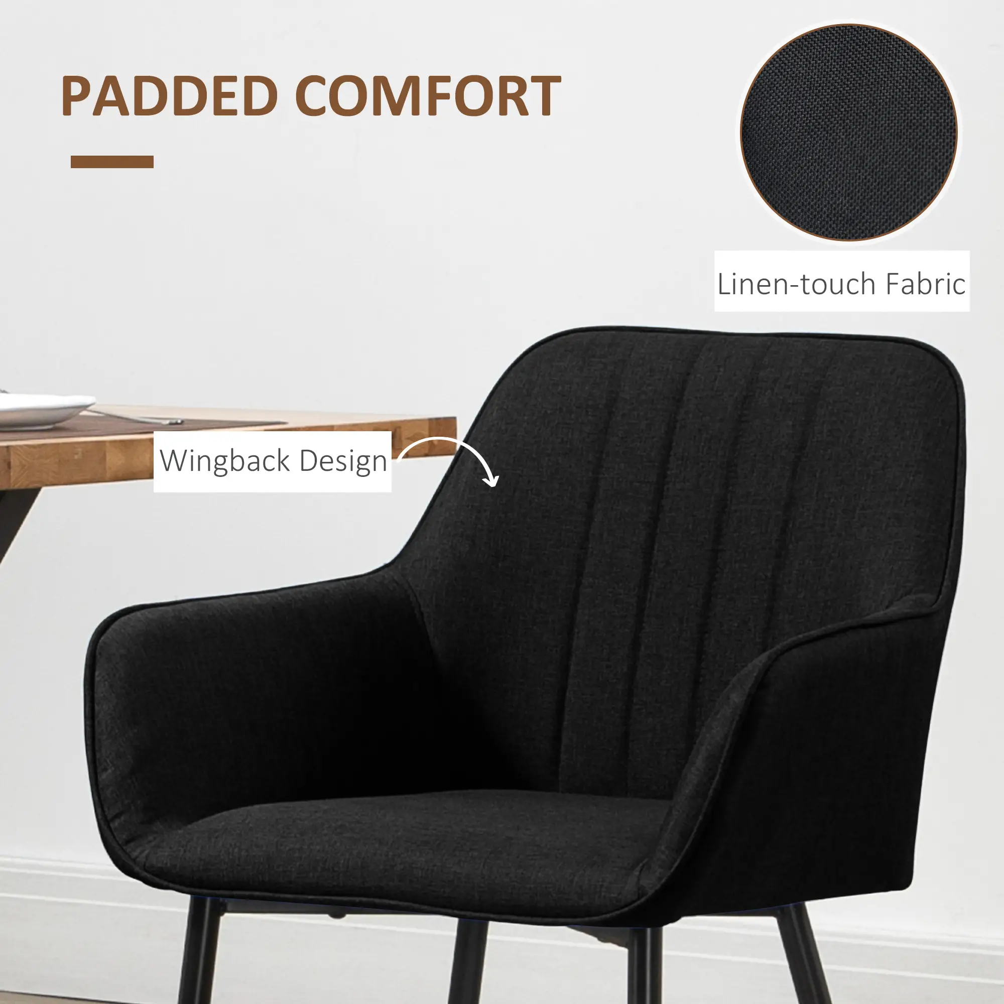 Dining Chairs Set of 2, Upholstered Linen Fabric, Metal Legs, Black - Image 5