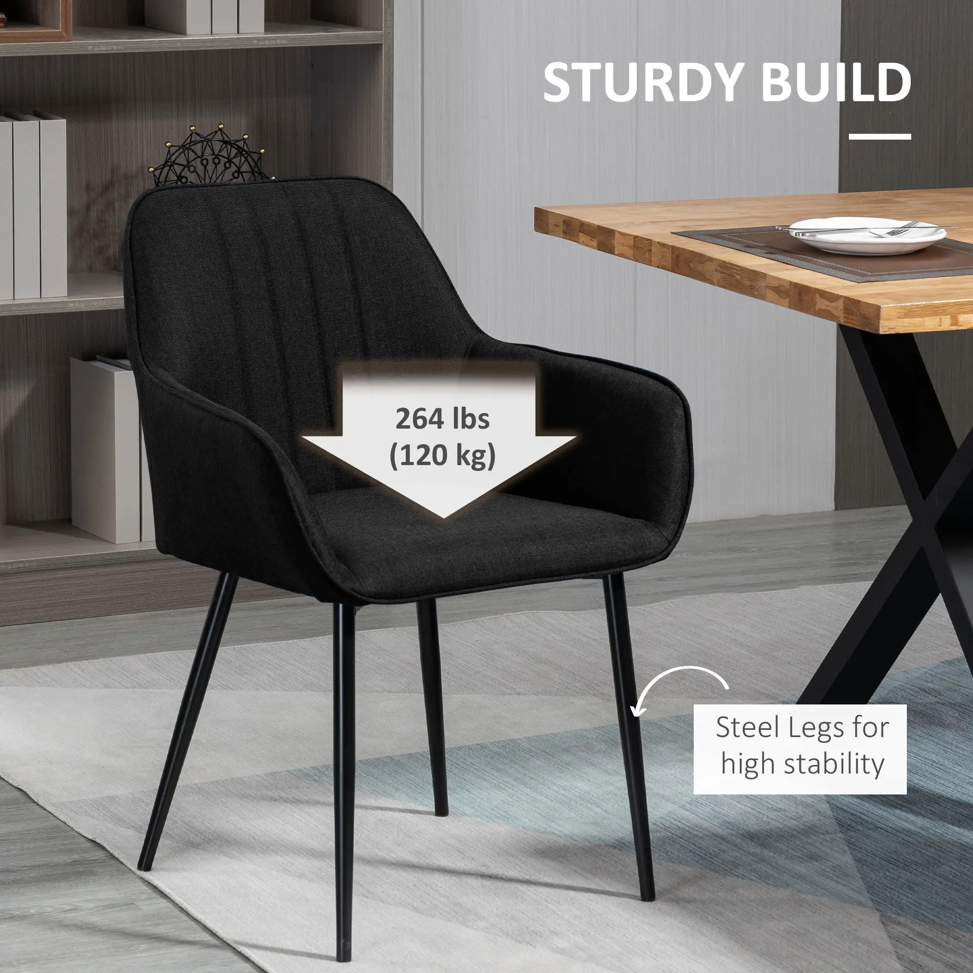 Dining Chairs Set of 2, Upholstered Linen Fabric, Metal Legs, Black - Image 6