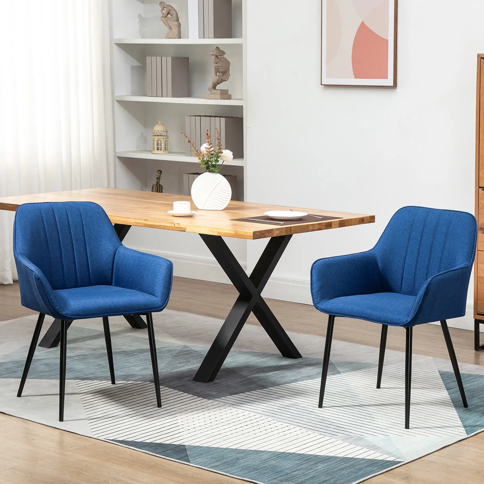 Dining Chairs Set of 2, Upholstered Linen Fabric, Metal Legs, Dark Blue - Image 2
