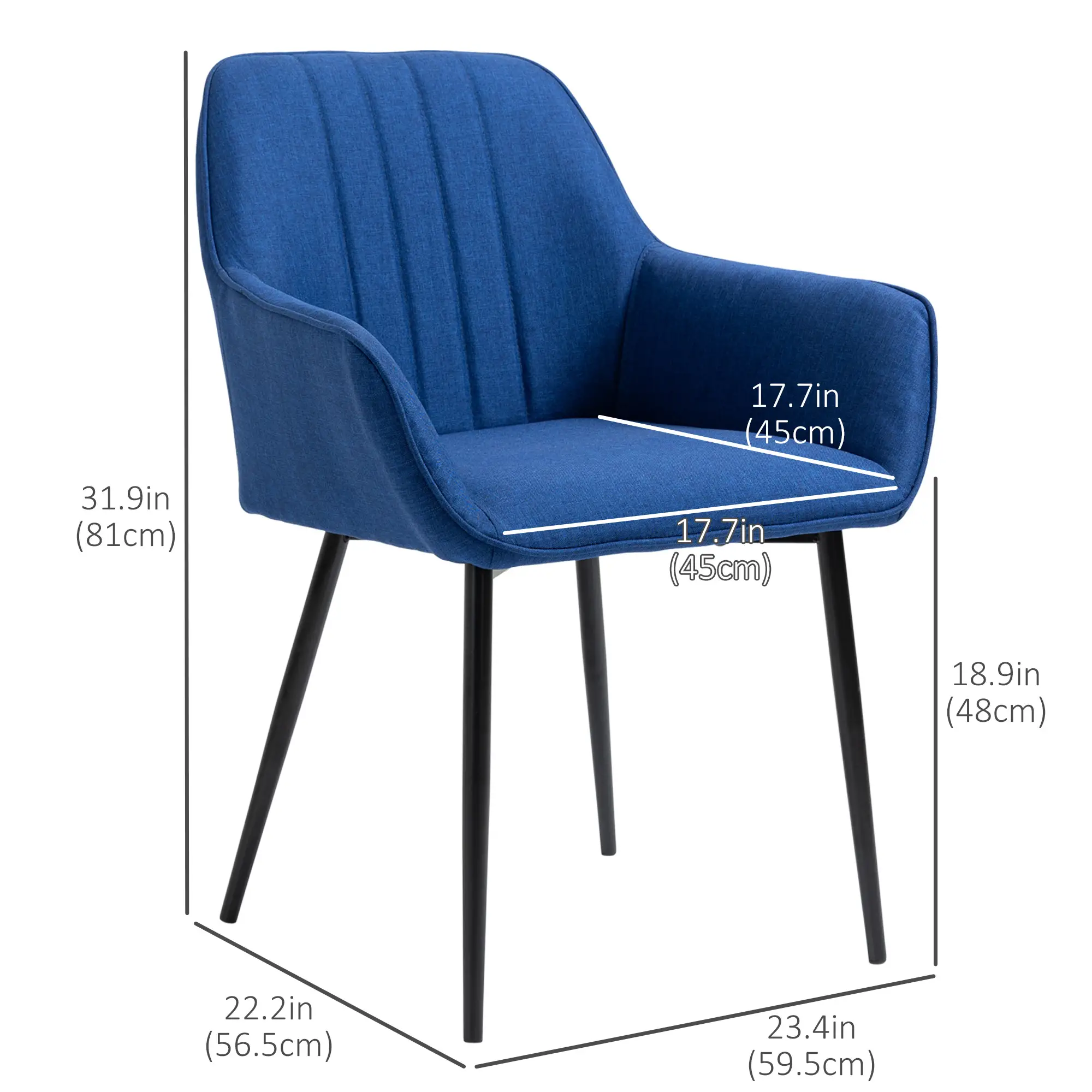 Dining Chairs Set of 2, Upholstered Linen Fabric, Metal Legs, Dark Blue - Image 3
