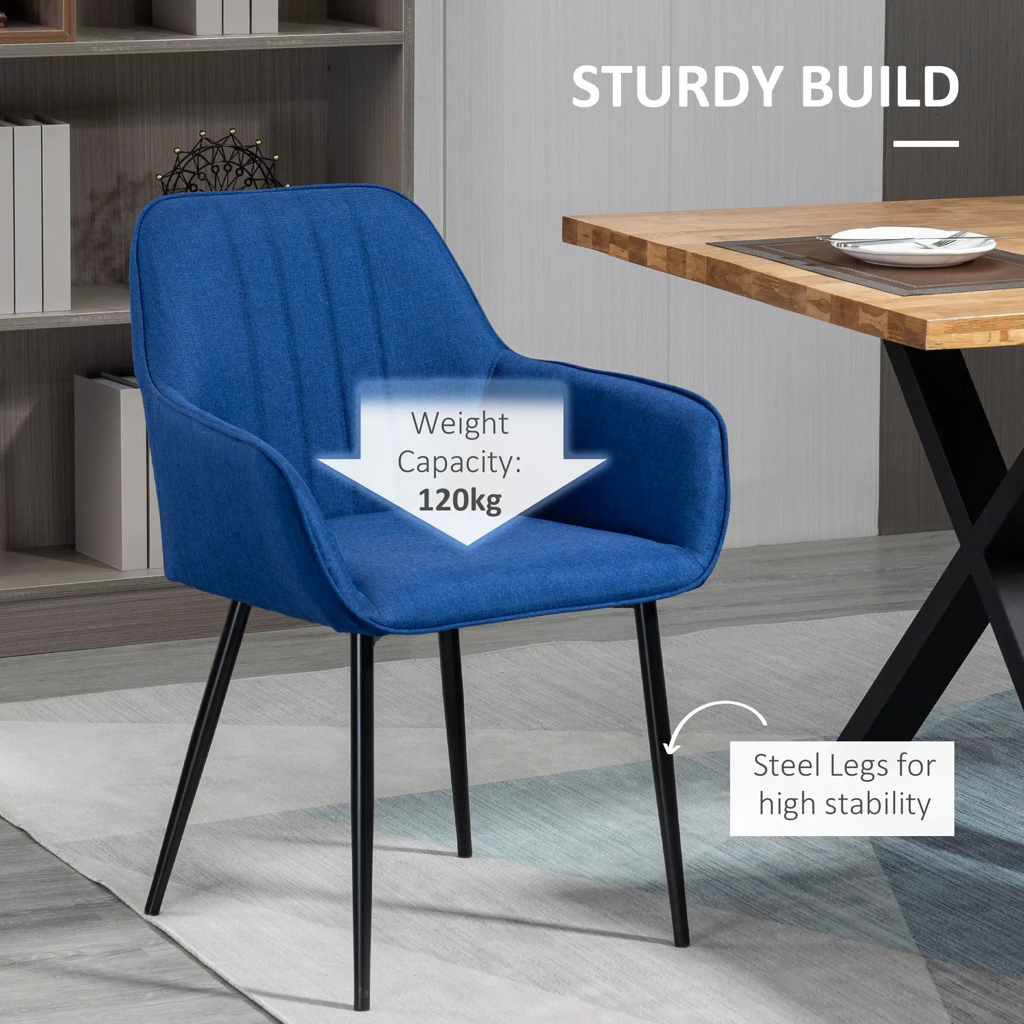 Dining Chairs Set of 2, Upholstered Linen Fabric, Metal Legs, Dark Blue - Image 4