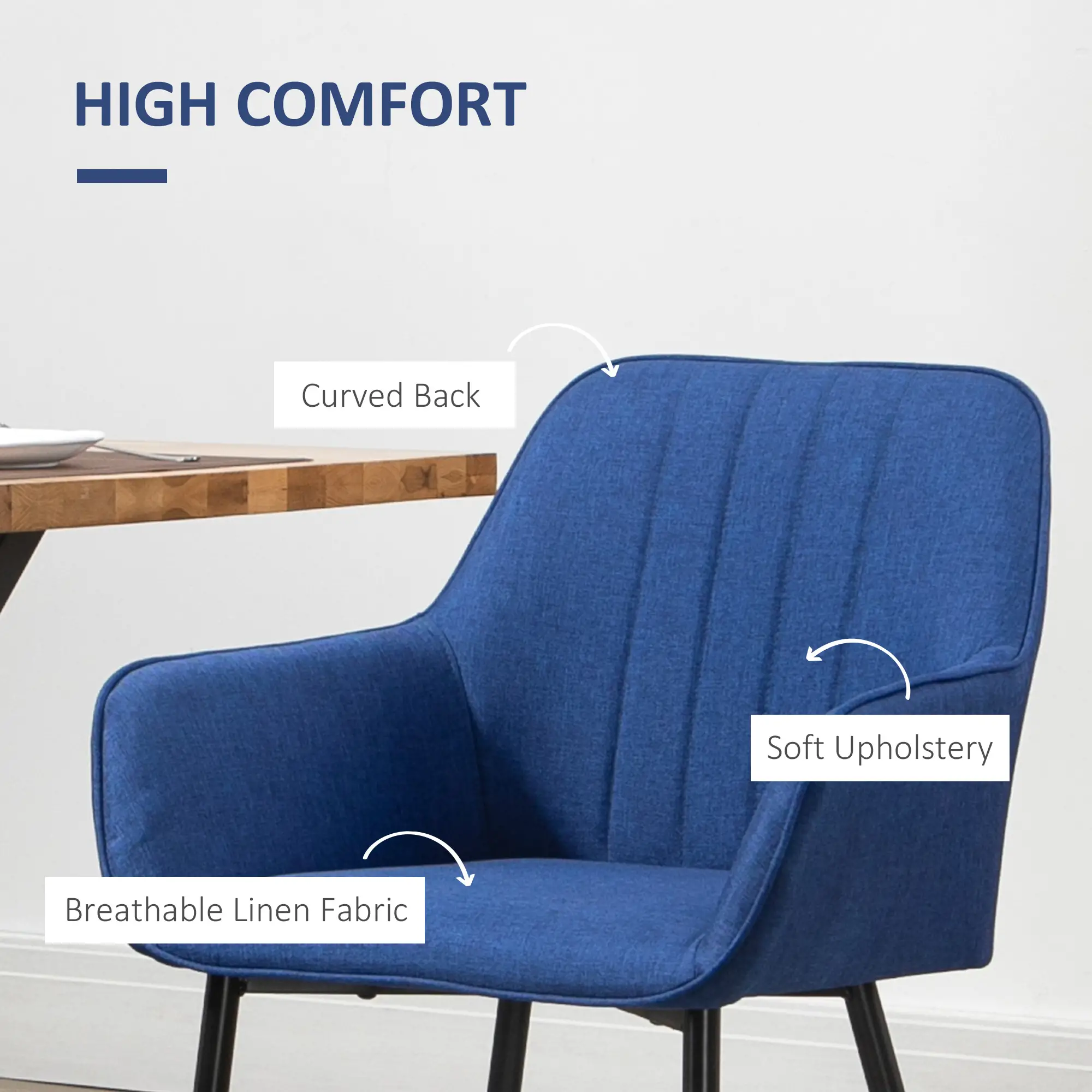 Dining Chairs Set of 2, Upholstered Linen Fabric, Metal Legs, Dark Blue - Image 5
