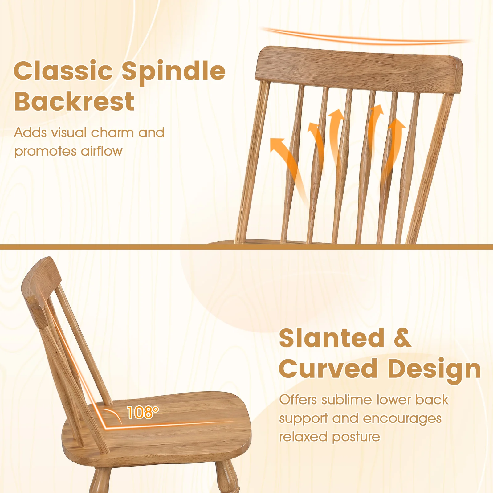 Dining Chairs Set Of 4, Curved Spindle Back, Natural - Image 8