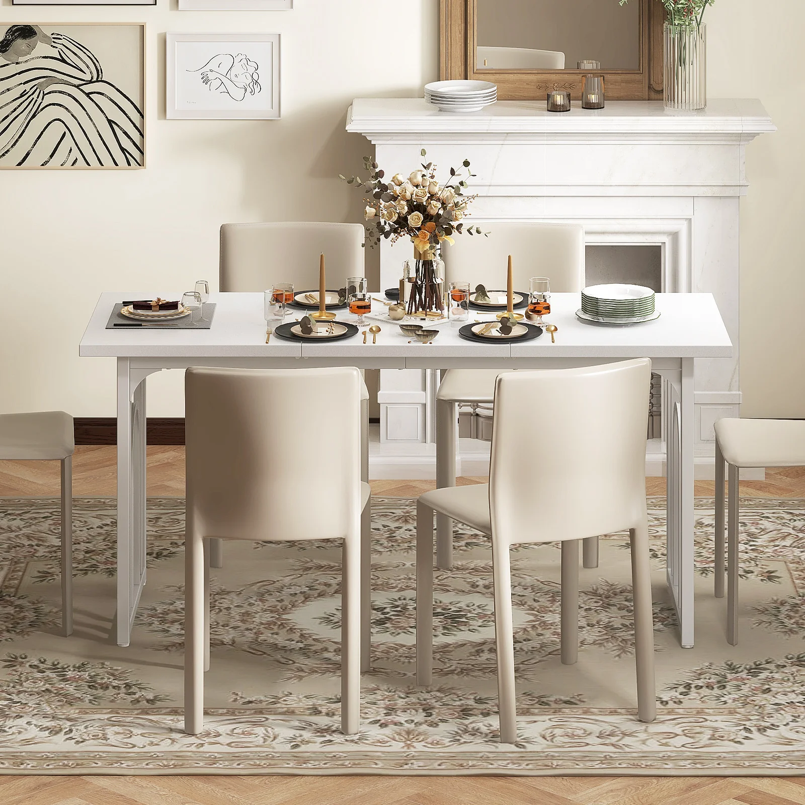 Dining Table for 6-8 People 63 Inch Rectangular Farmhouse Kitchen Table, White - Image 2