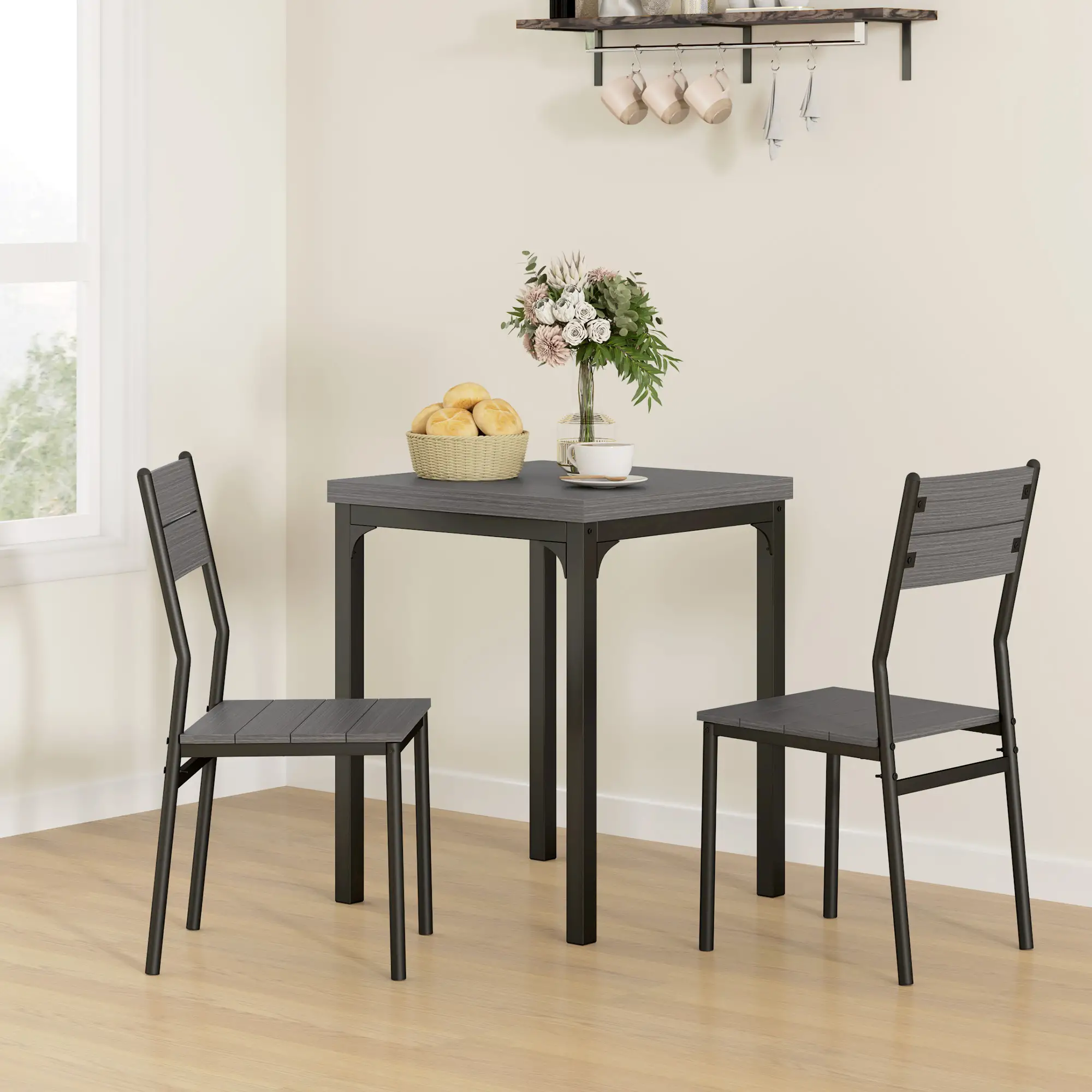 Dining Table Set for 2, 3 Piece, Metal Legs, Grey - Image 2