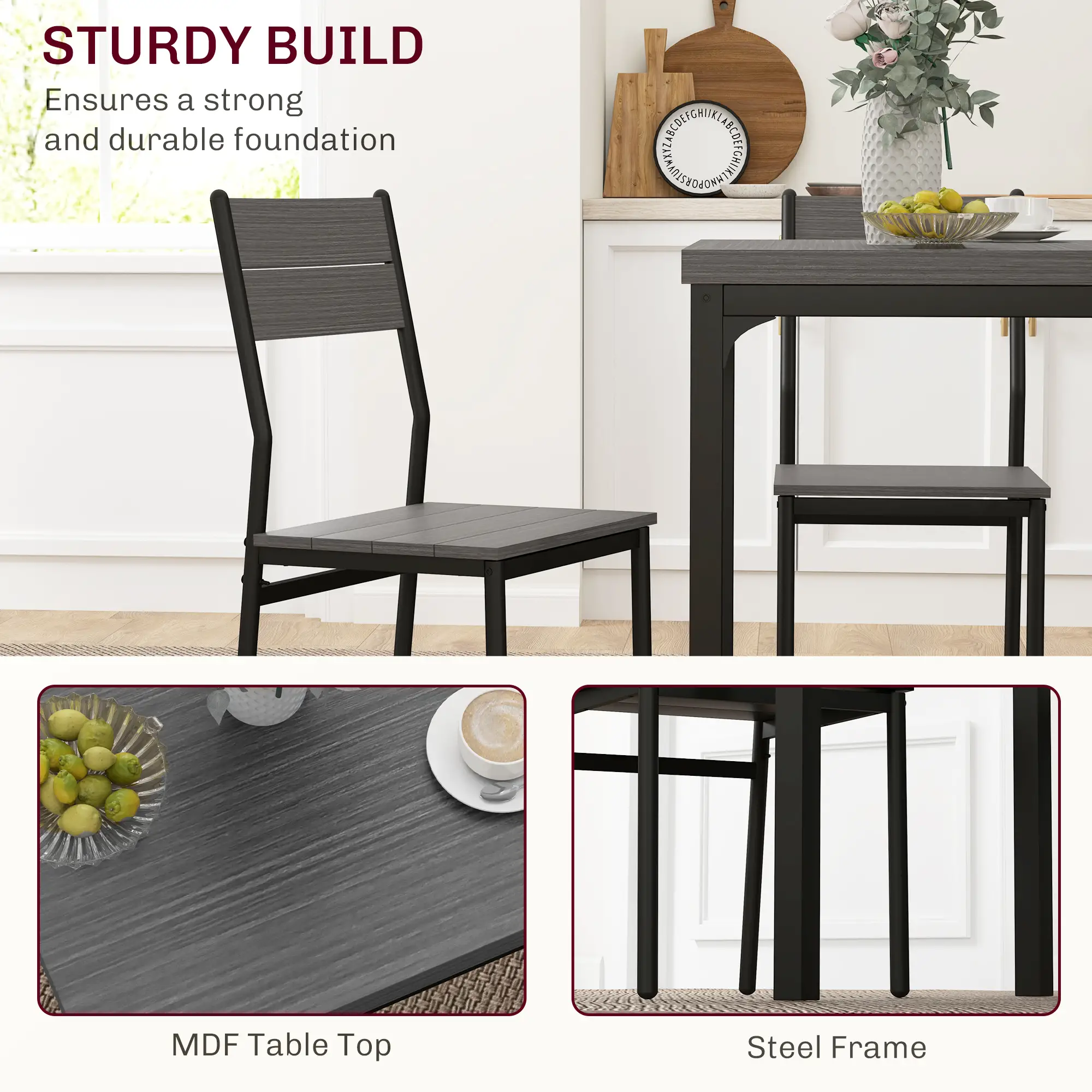 Dining Table Set for 2, 3 Piece, Metal Legs, Grey - Image 5