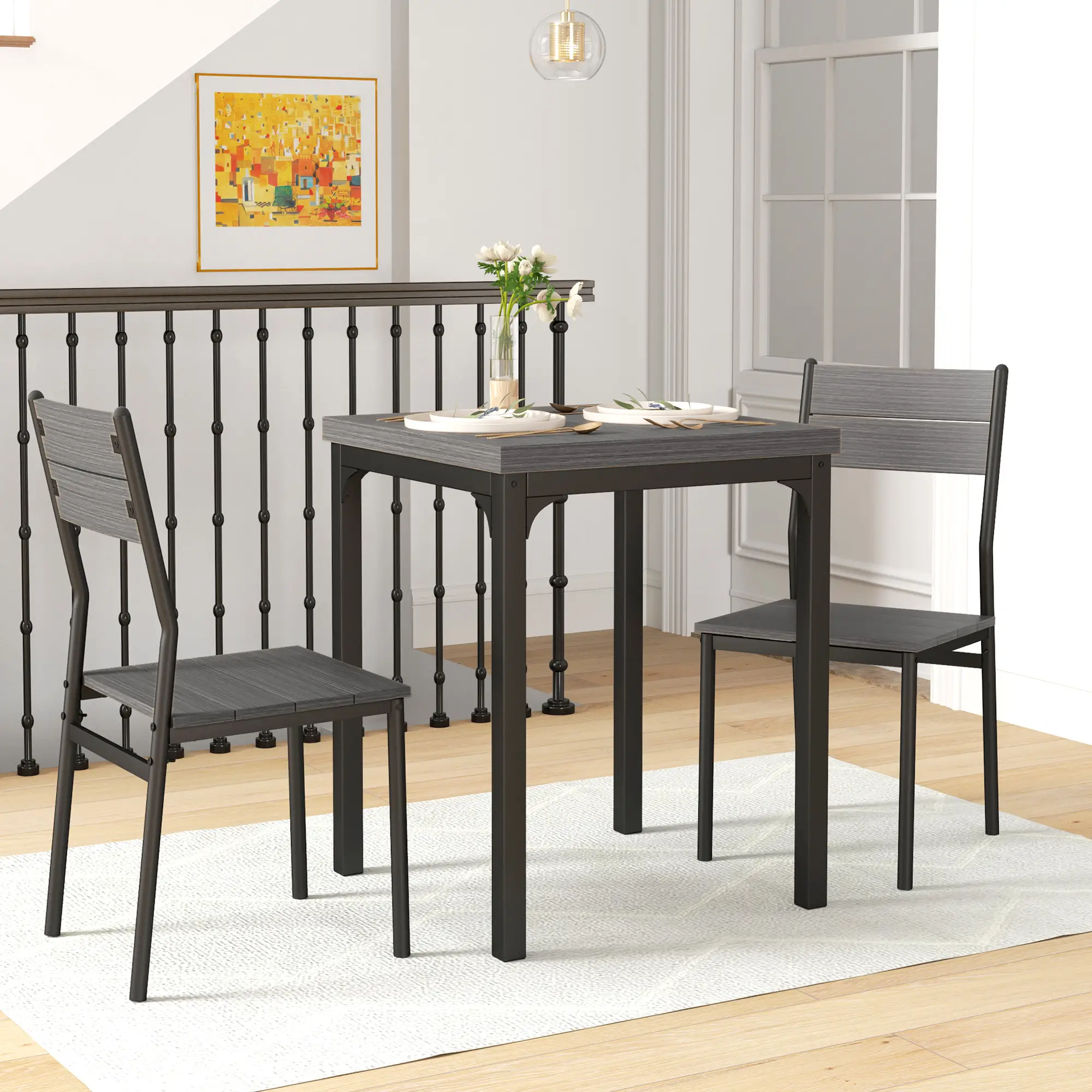 Dining Table Set for 2, 3 Piece, Metal Legs, Grey - Image 9
