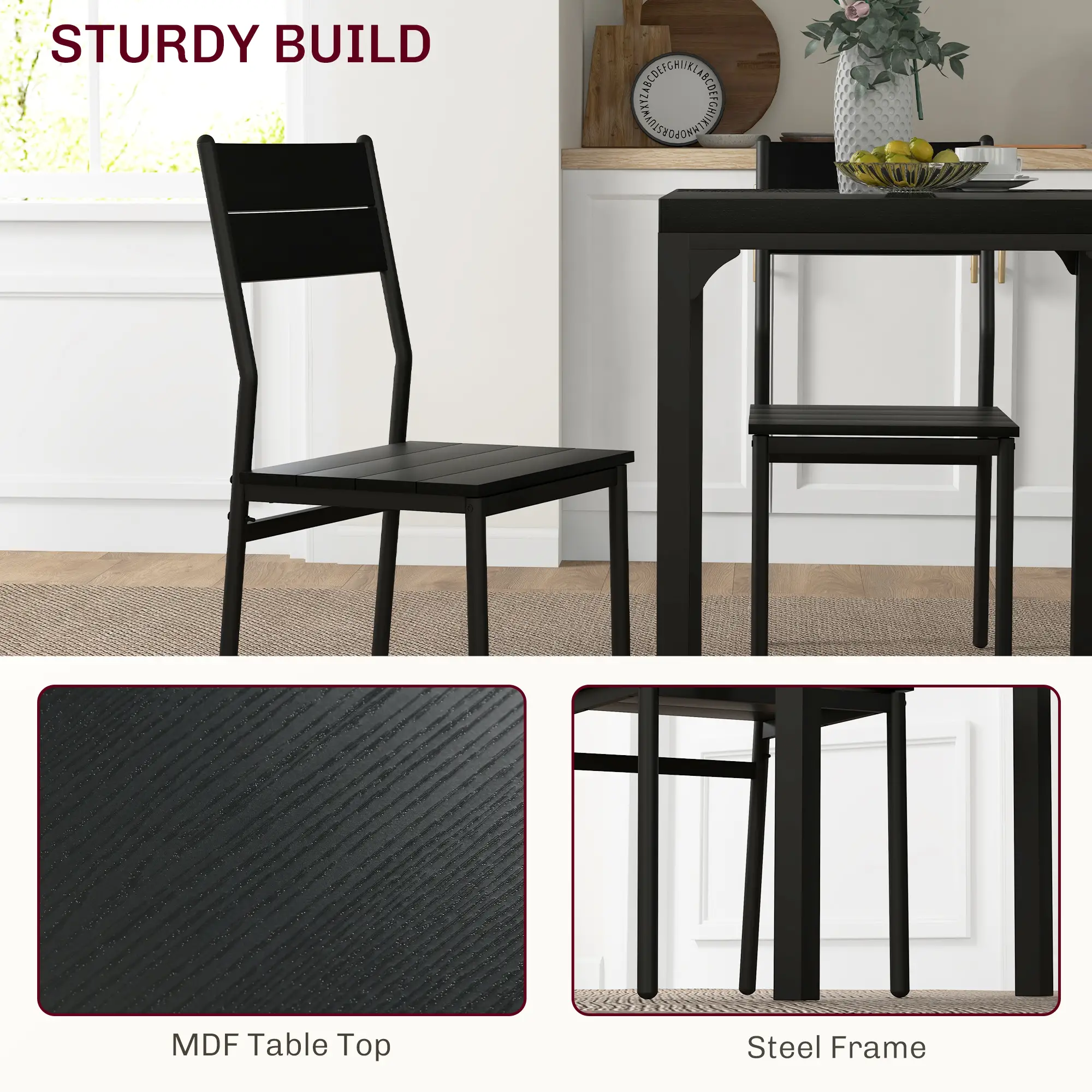 Dining Table Set for 2, 3 Piece Kitchen Table and Chairs, Black - Image 5