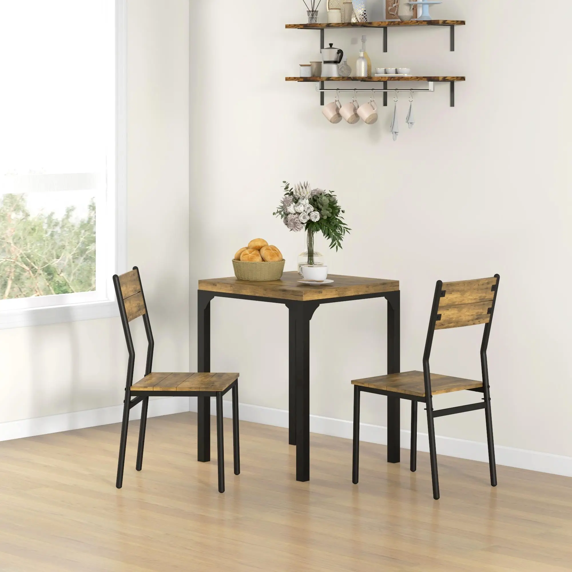 Dining Table Set for 2, 3 Piece Kitchen Table and Chairs, Rustic Brown, Brown - Image 2