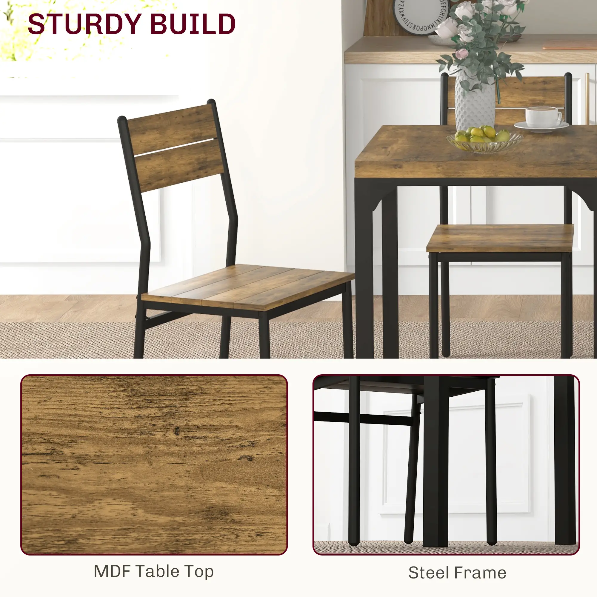 Dining Table Set for 2, 3 Piece Kitchen Table and Chairs, Rustic Brown, Brown - Image 5