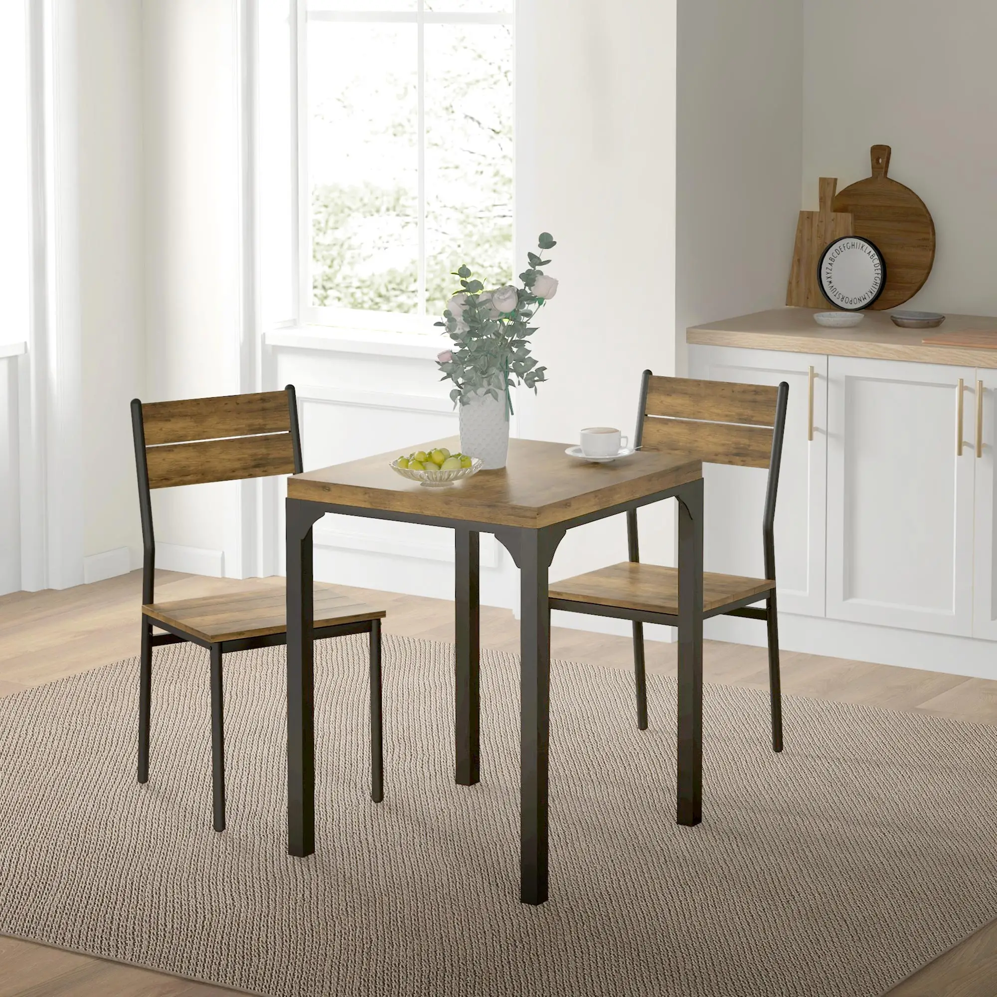 Dining Table Set for 2, 3 Piece Kitchen Table and Chairs, Rustic Brown, Brown - Image 8