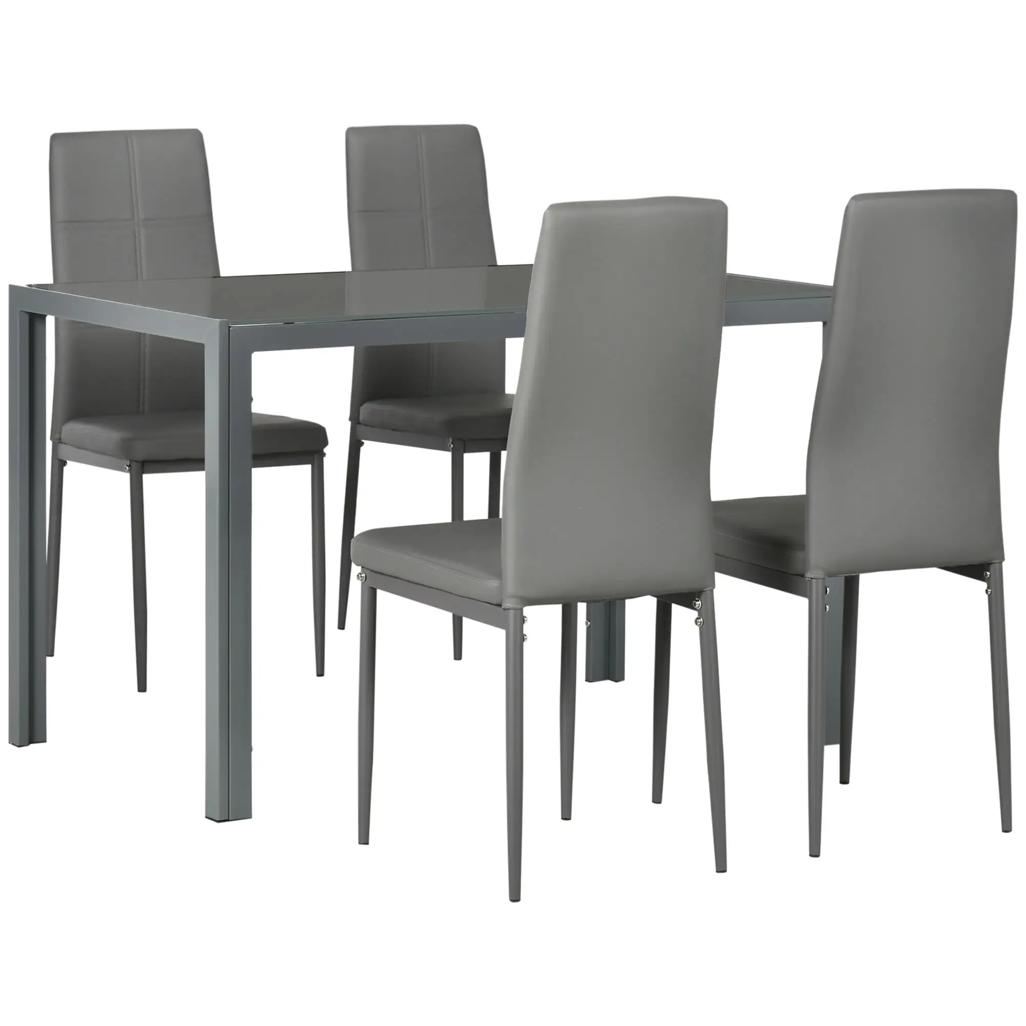 3-Piece Rectangular Glass Kitchen Table and Chairs with Metal Frame and Faux Leather Upholstery for Dining Room, Grey