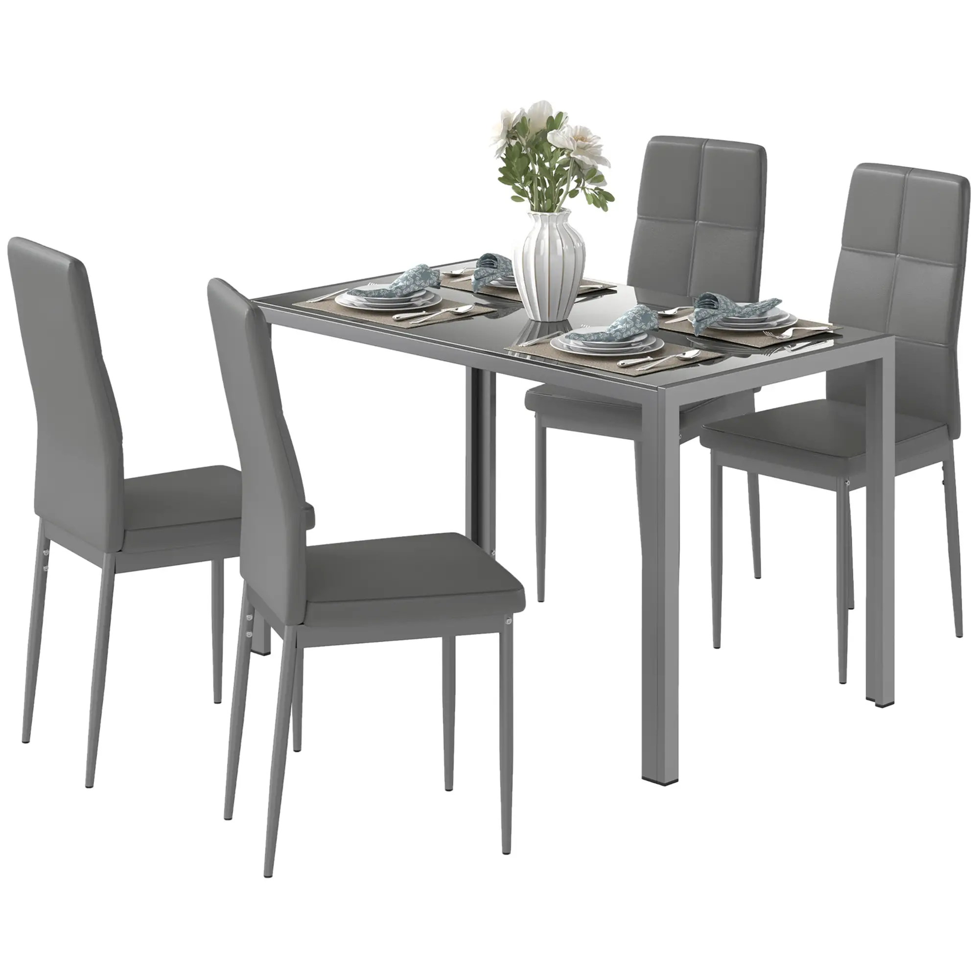 3-Piece Rectangular Glass Kitchen Table and Chairs with Metal Frame and Faux Leather Upholstery for Dining Room, Grey - Image 13