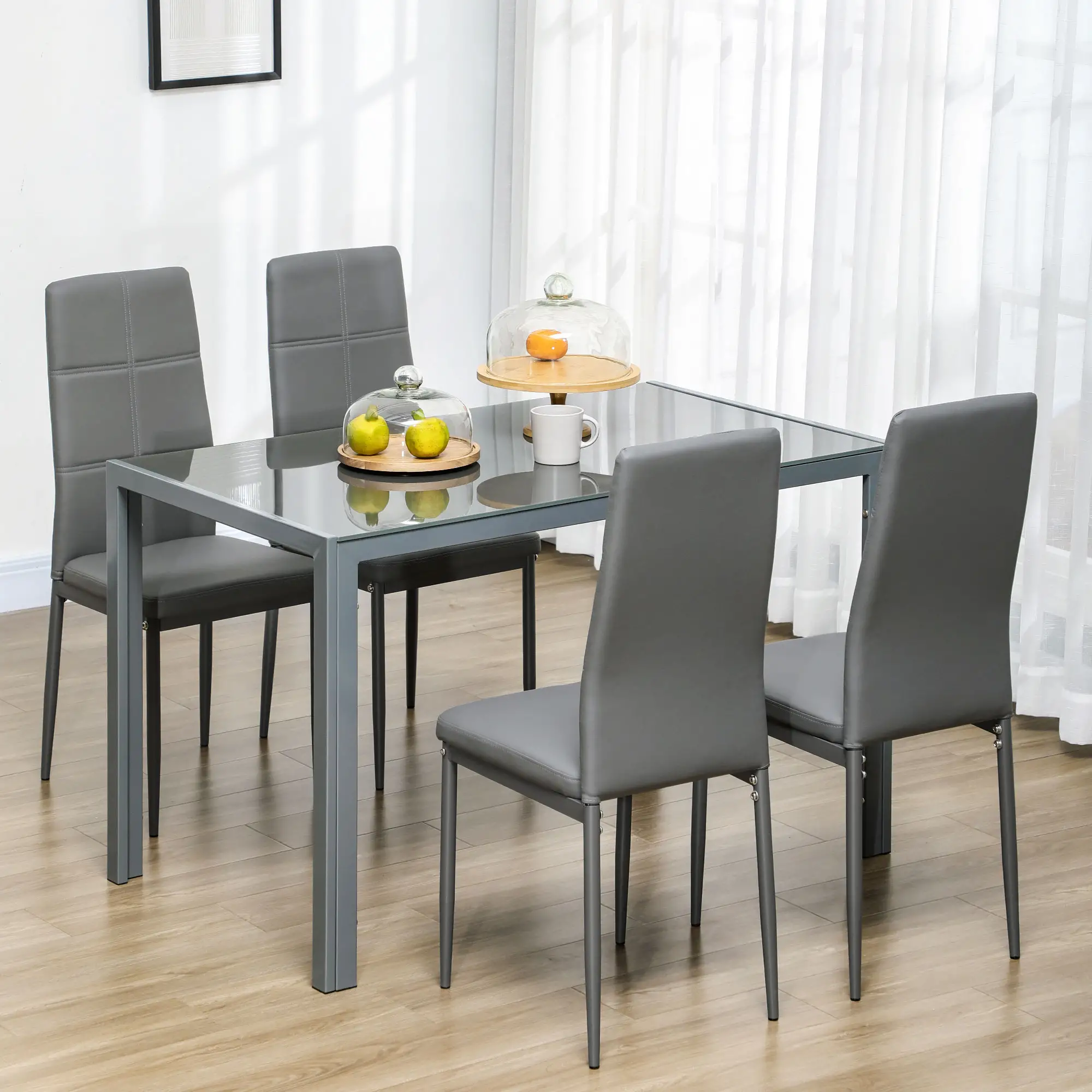 3-Piece Rectangular Glass Kitchen Table and Chairs with Metal Frame and Faux Leather Upholstery for Dining Room, Grey - Image 2