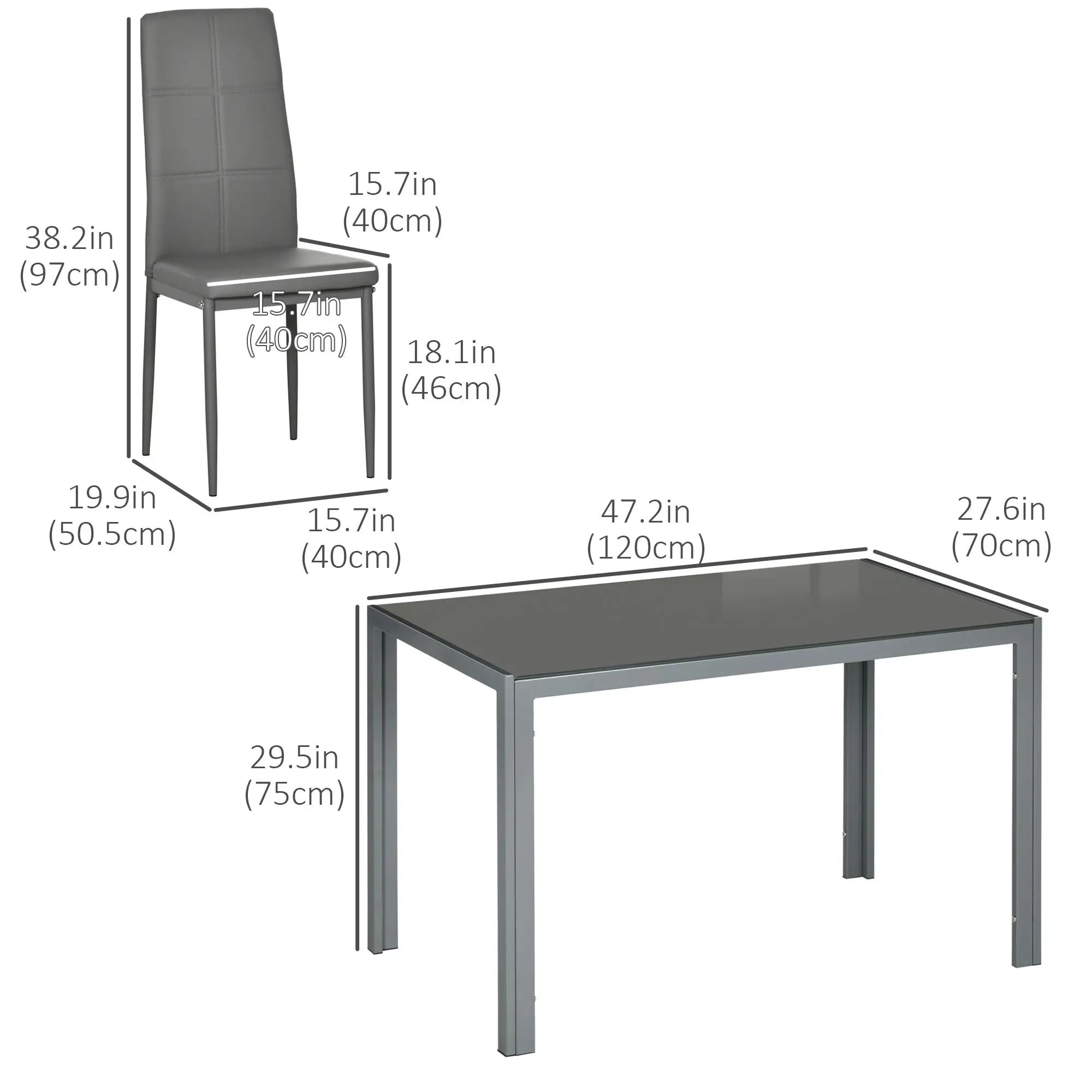 3-Piece Rectangular Glass Kitchen Table and Chairs with Metal Frame and Faux Leather Upholstery for Dining Room, Grey - Image 3