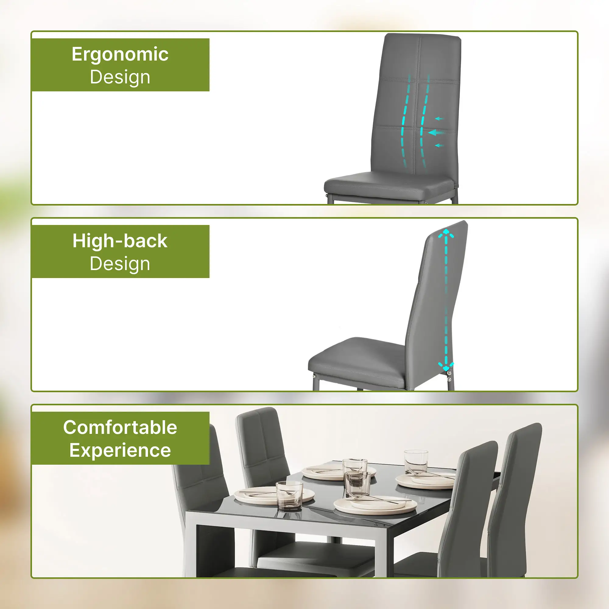 3-Piece Rectangular Glass Kitchen Table and Chairs with Metal Frame and Faux Leather Upholstery for Dining Room, Grey - Image 4