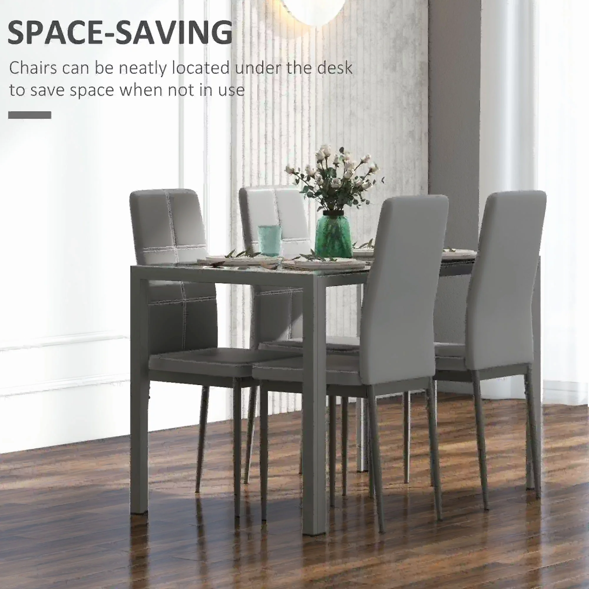 3-Piece Rectangular Glass Kitchen Table and Chairs with Metal Frame and Faux Leather Upholstery for Dining Room, Grey - Image 5