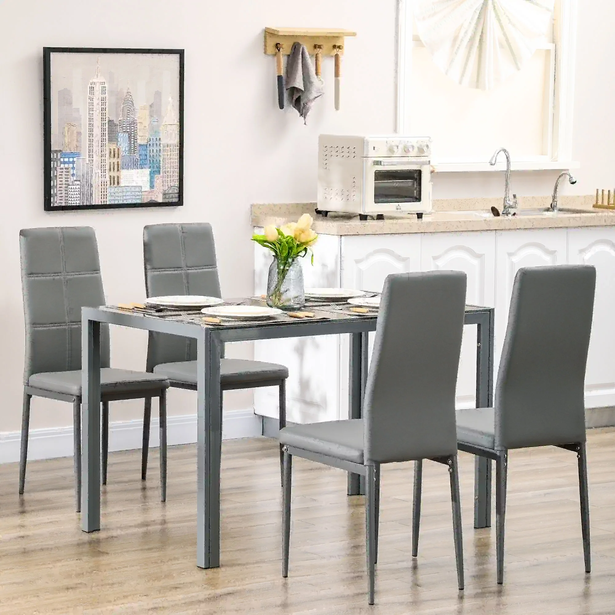 3-Piece Rectangular Glass Kitchen Table and Chairs with Metal Frame and Faux Leather Upholstery for Dining Room, Grey - Image 9