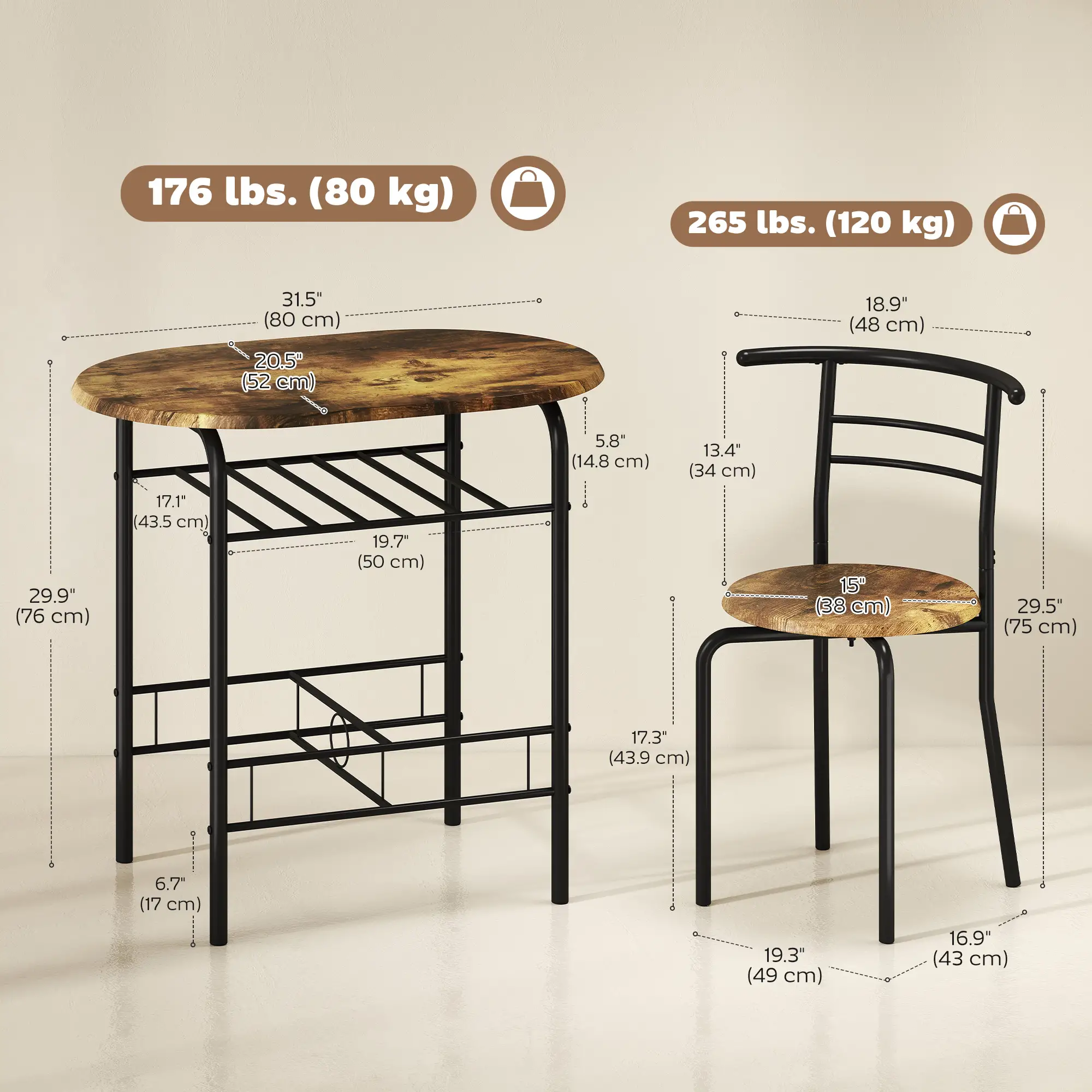Dining Table Set Of 3, Kitchen Table And Chairs, Rustic Brown - Image 3
