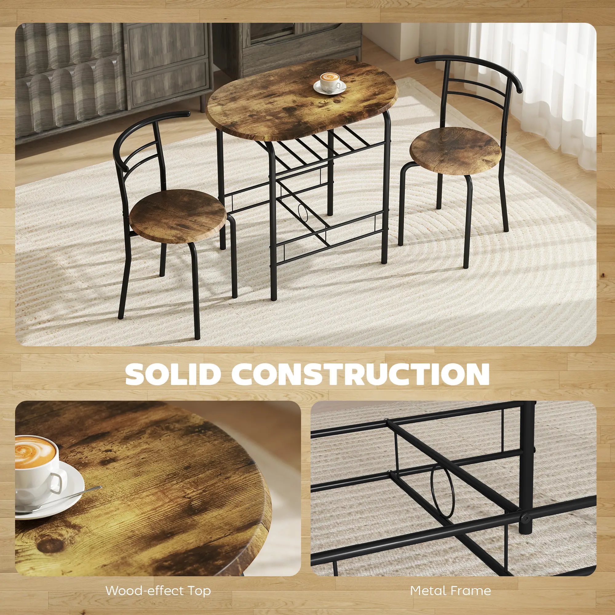 Dining Table Set Of 3, Kitchen Table And Chairs, Rustic Brown - Image 6