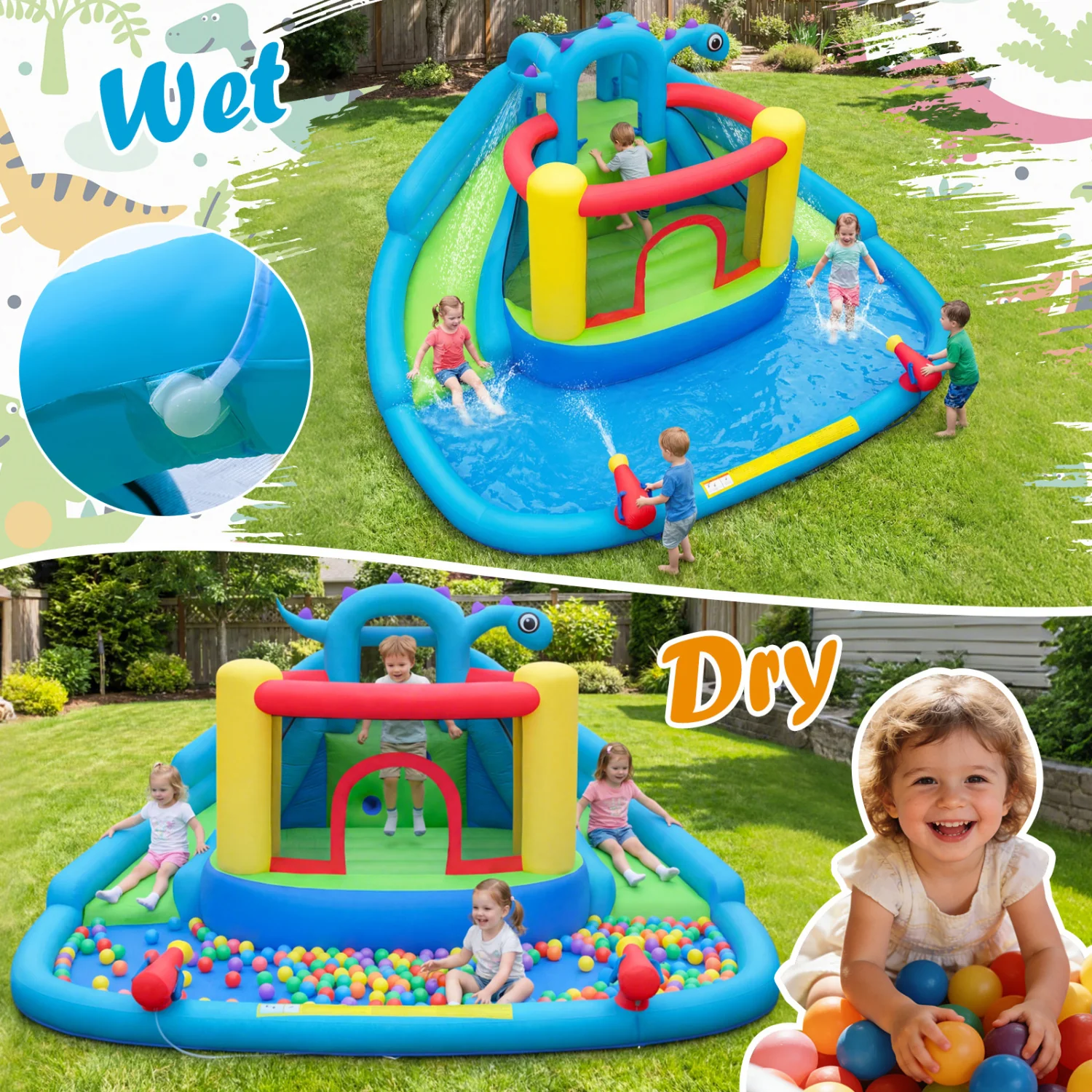 Dinosaur Inflatable Water Slide Bounce House, Multicolor - Image 7