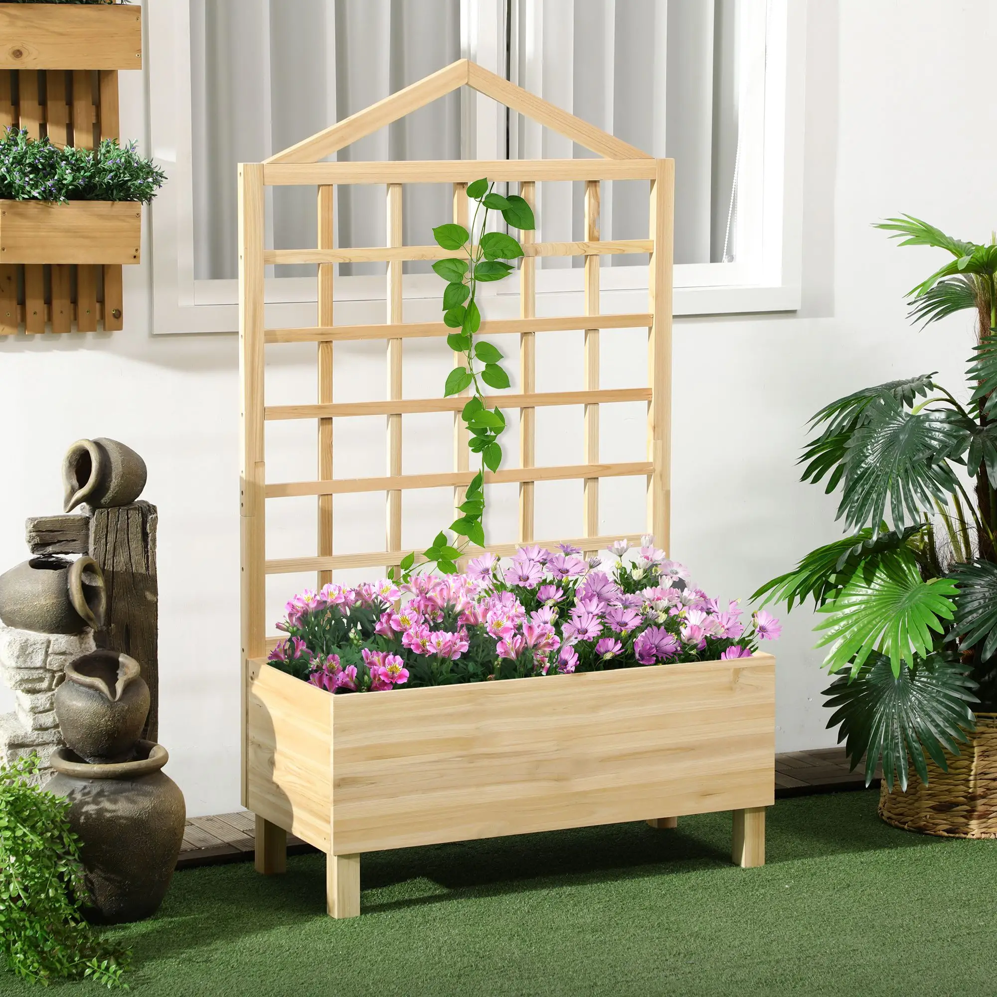 Distressed Wood Planter Box with Trellis, Raised Garden Bed, Natural - Image 8