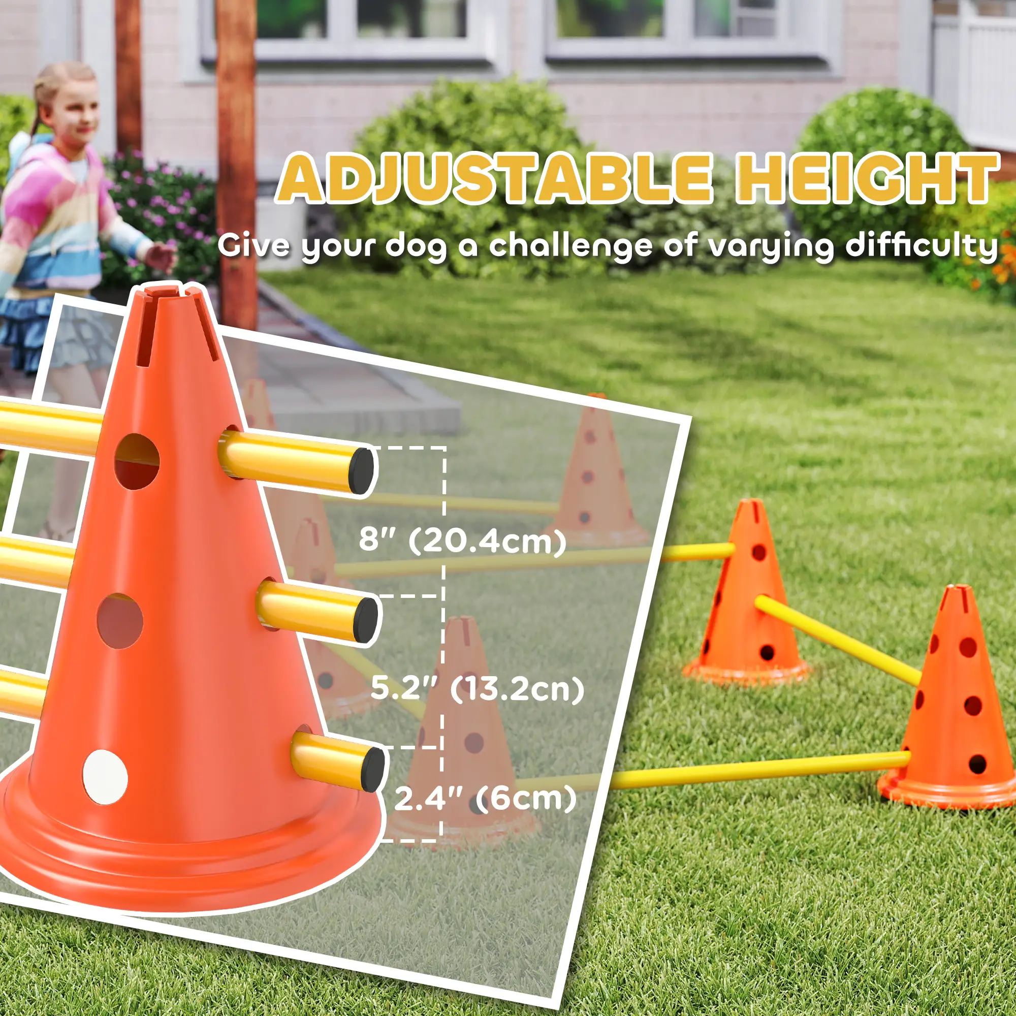 Dog Agility Hurdle Set, Adjustable Obstacle Course, 8 Cones 8 Poles, Orange - Image 6