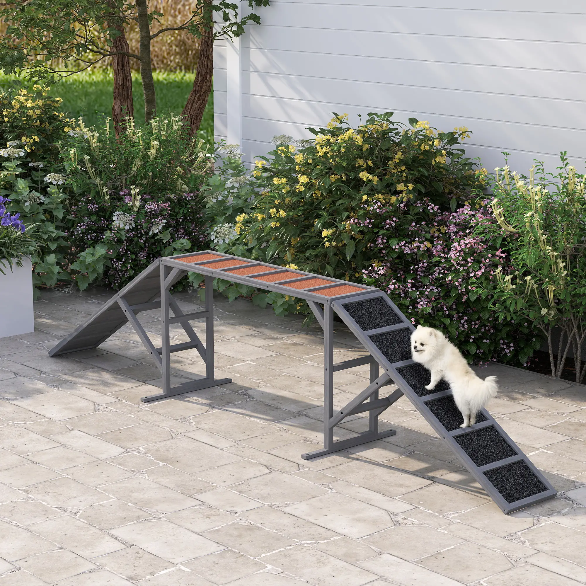 Dog Agility Ramp With Safety Bar, Non-Slip Surface, Gray - Image 2