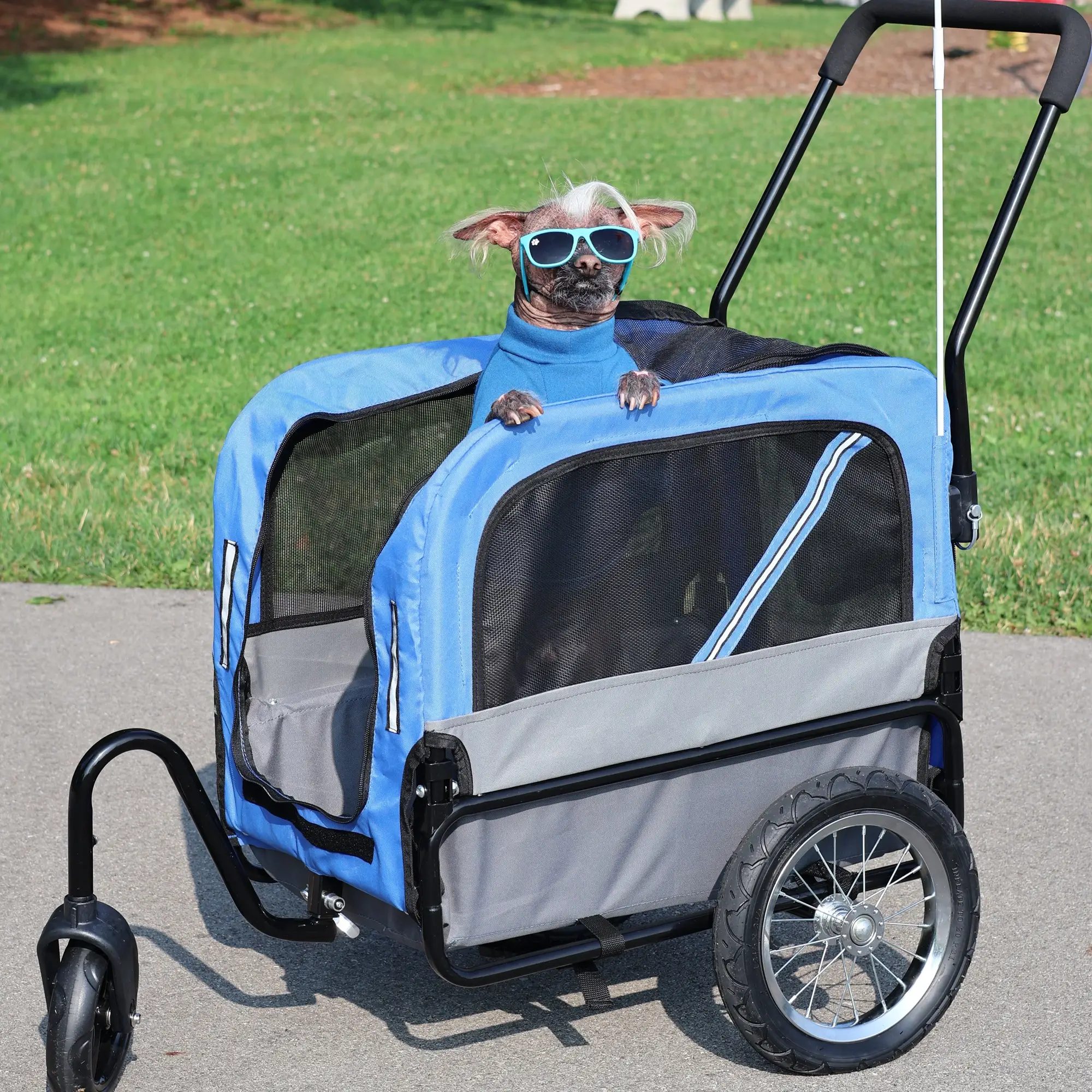Dog Bike Trailer 2-In-1 Pet Stroller Cart Bicycle Wagon Cargo Carrier Attachment for Travel with 360 Swivel Wheel, Hitch, Suspension, Safety Flag, Blue - Image 12