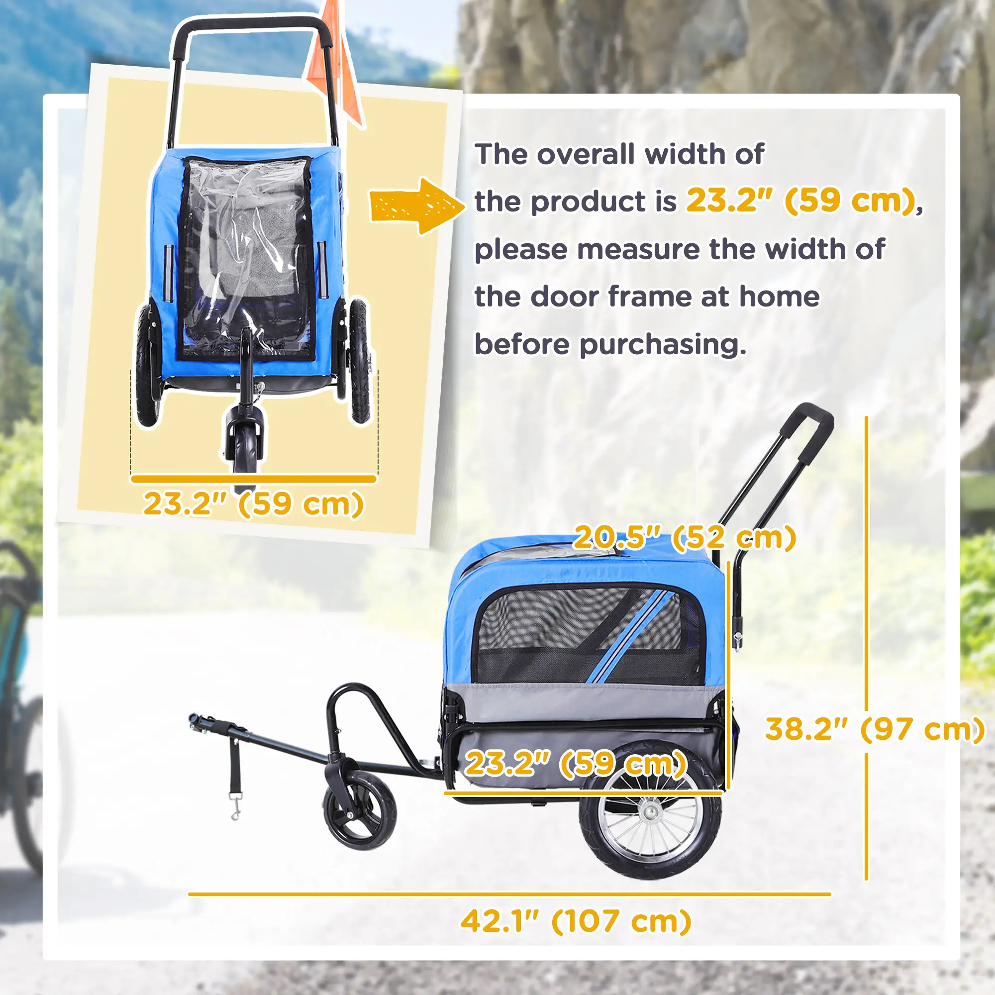 Dog Bike Trailer 2-In-1 Pet Stroller Cart Bicycle Wagon Cargo Carrier Attachment for Travel with 360 Swivel Wheel, Hitch, Suspension, Safety Flag, Blue - Image 3
