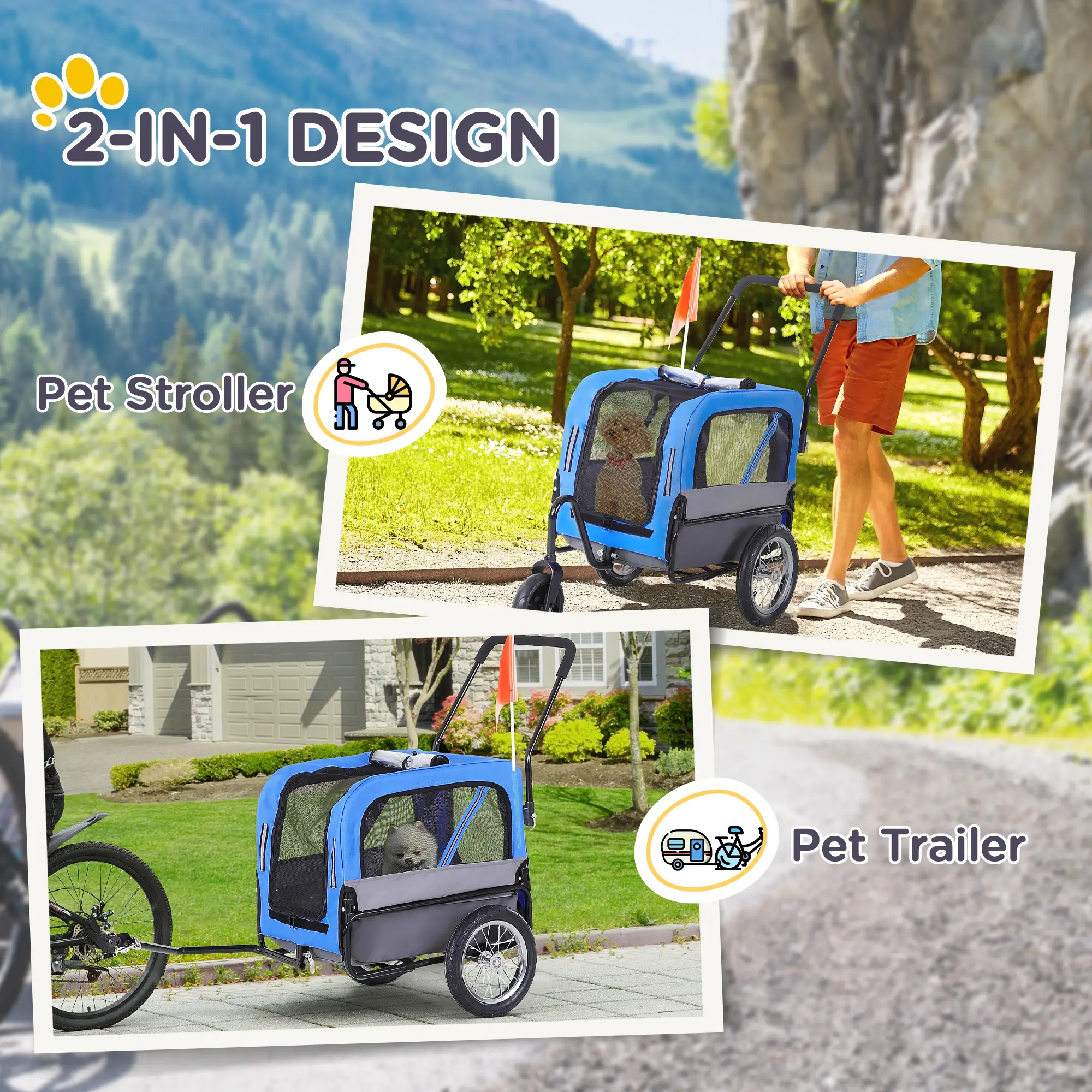 Dog Bike Trailer 2-In-1 Pet Stroller Cart Bicycle Wagon Cargo Carrier Attachment for Travel with 360 Swivel Wheel, Hitch, Suspension, Safety Flag, Blue - Image 4