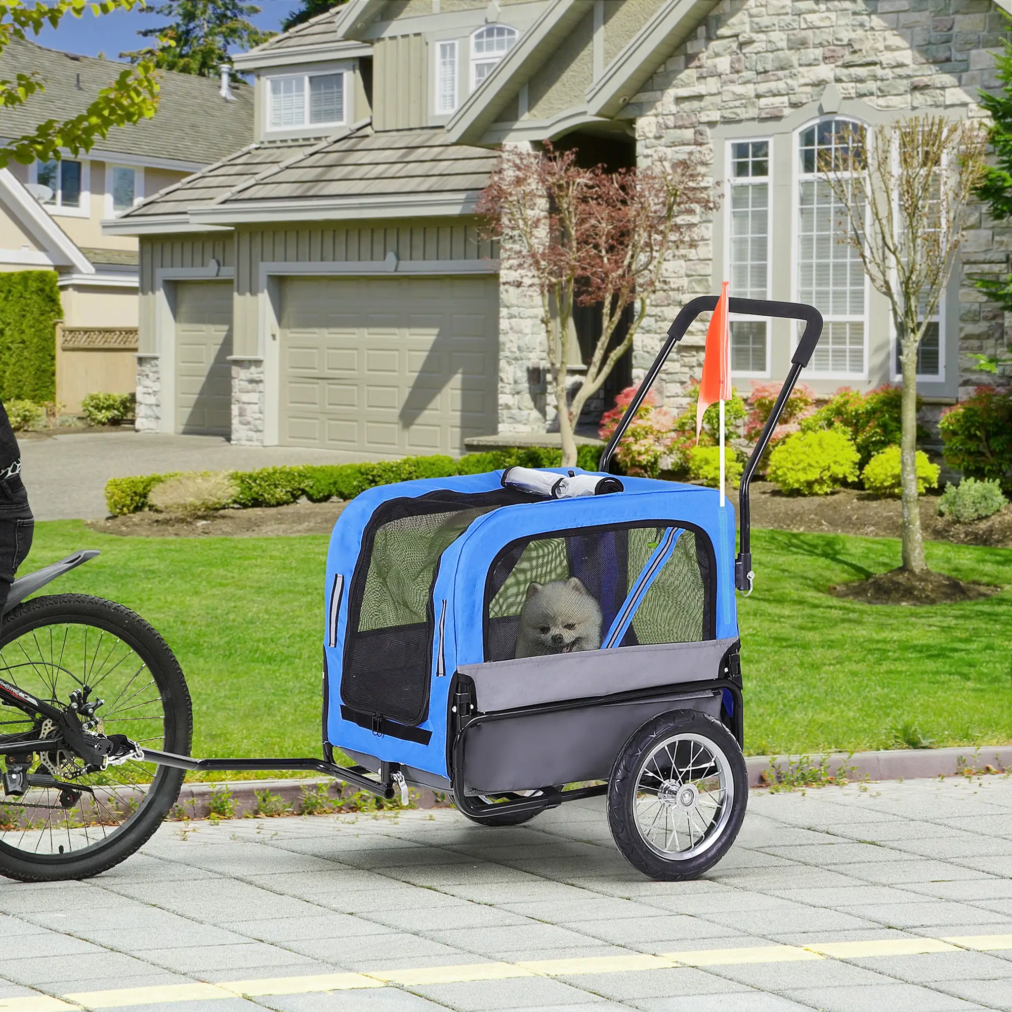Dog Bike Trailer 2-In-1 Pet Stroller Cart Bicycle Wagon Cargo Carrier Attachment for Travel with 360 Swivel Wheel, Hitch, Suspension, Safety Flag, Blue - Image 8