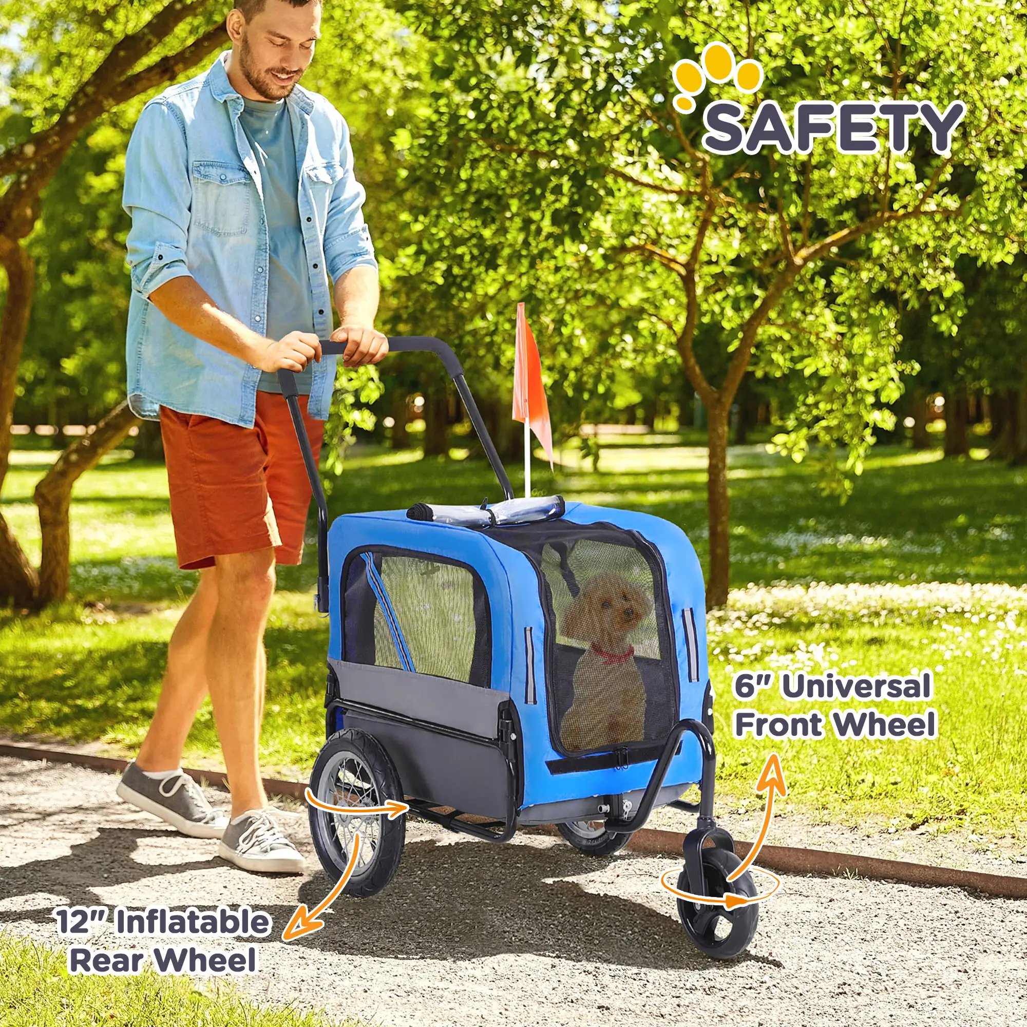 Dog Bike Trailer 2-In-1 Pet Stroller Cart Bicycle Wagon Cargo Carrier Attachment for Travel with 360 Swivel Wheel, Hitch, Suspension, Safety Flag, Blue - Image 9