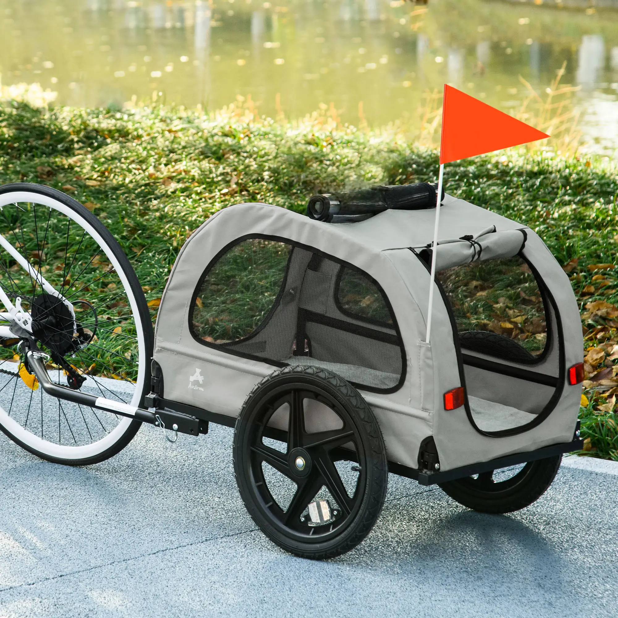 Dog Bike Trailer, Mesh Windows, Safety Leash, Flag, Medium Dogs, Light Grey - Image 10