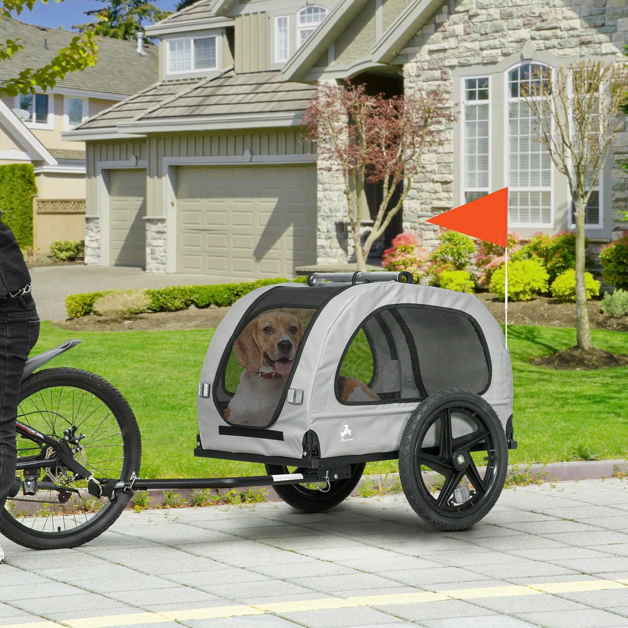 Dog Bike Trailer, Mesh Windows, Safety Leash, Flag, Medium Dogs, Light Grey - Image 2