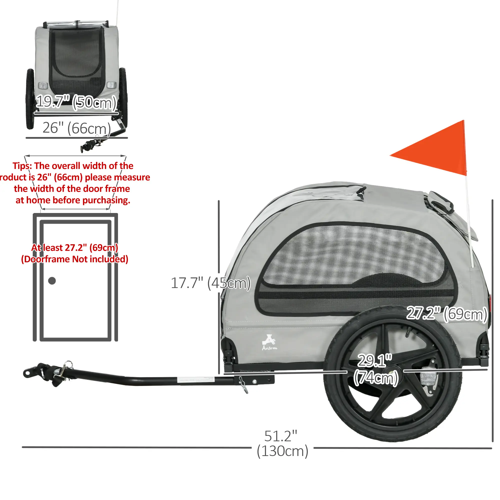 Dog Bike Trailer, Mesh Windows, Safety Leash, Flag, Medium Dogs, Light Grey - Image 3