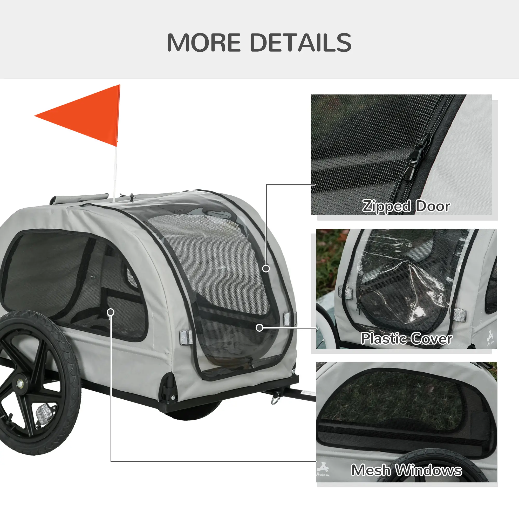 Dog Bike Trailer, Mesh Windows, Safety Leash, Flag, Medium Dogs, Light Grey - Image 7