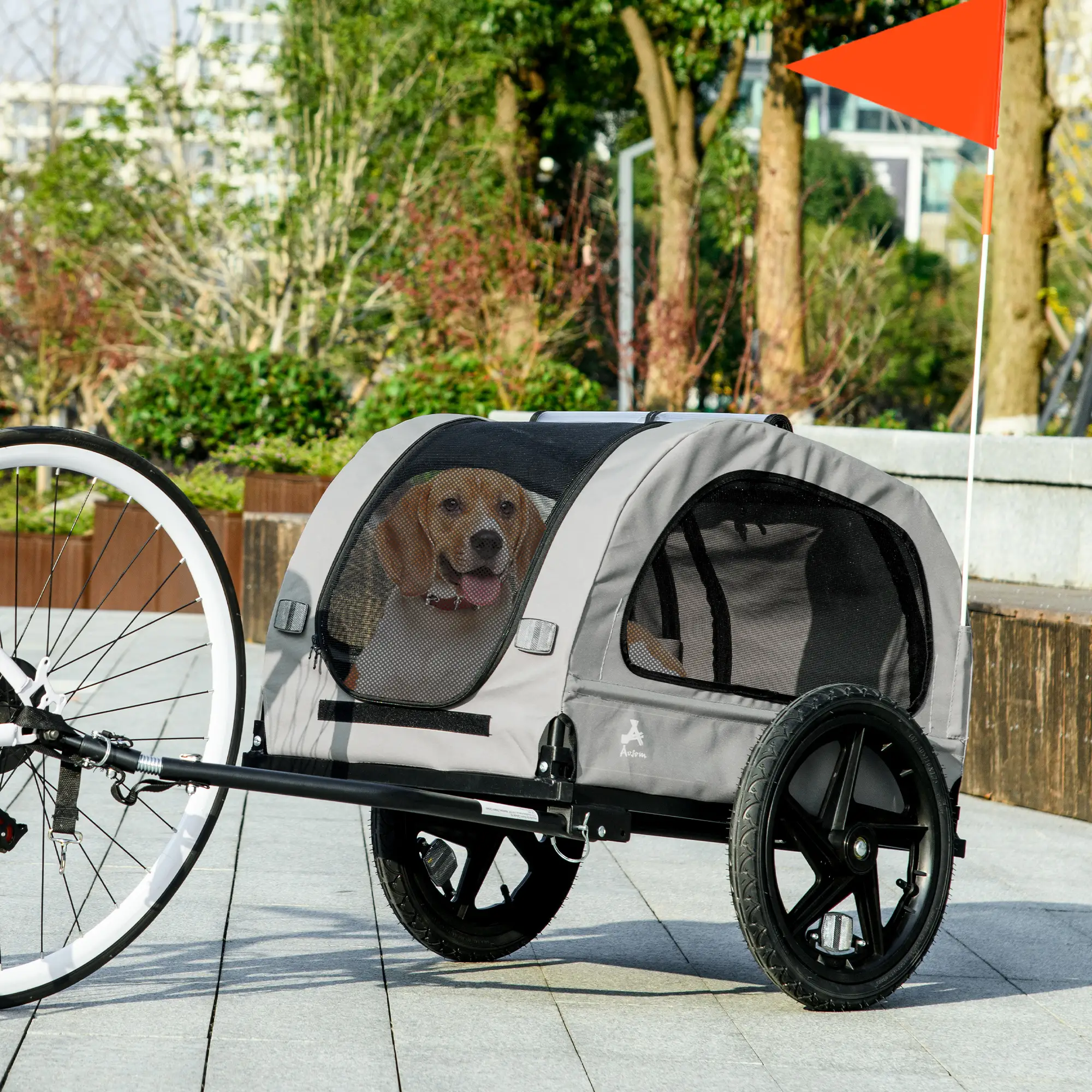 Dog Bike Trailer, Mesh Windows, Safety Leash, Flag, Medium Dogs, Light Grey - Image 8
