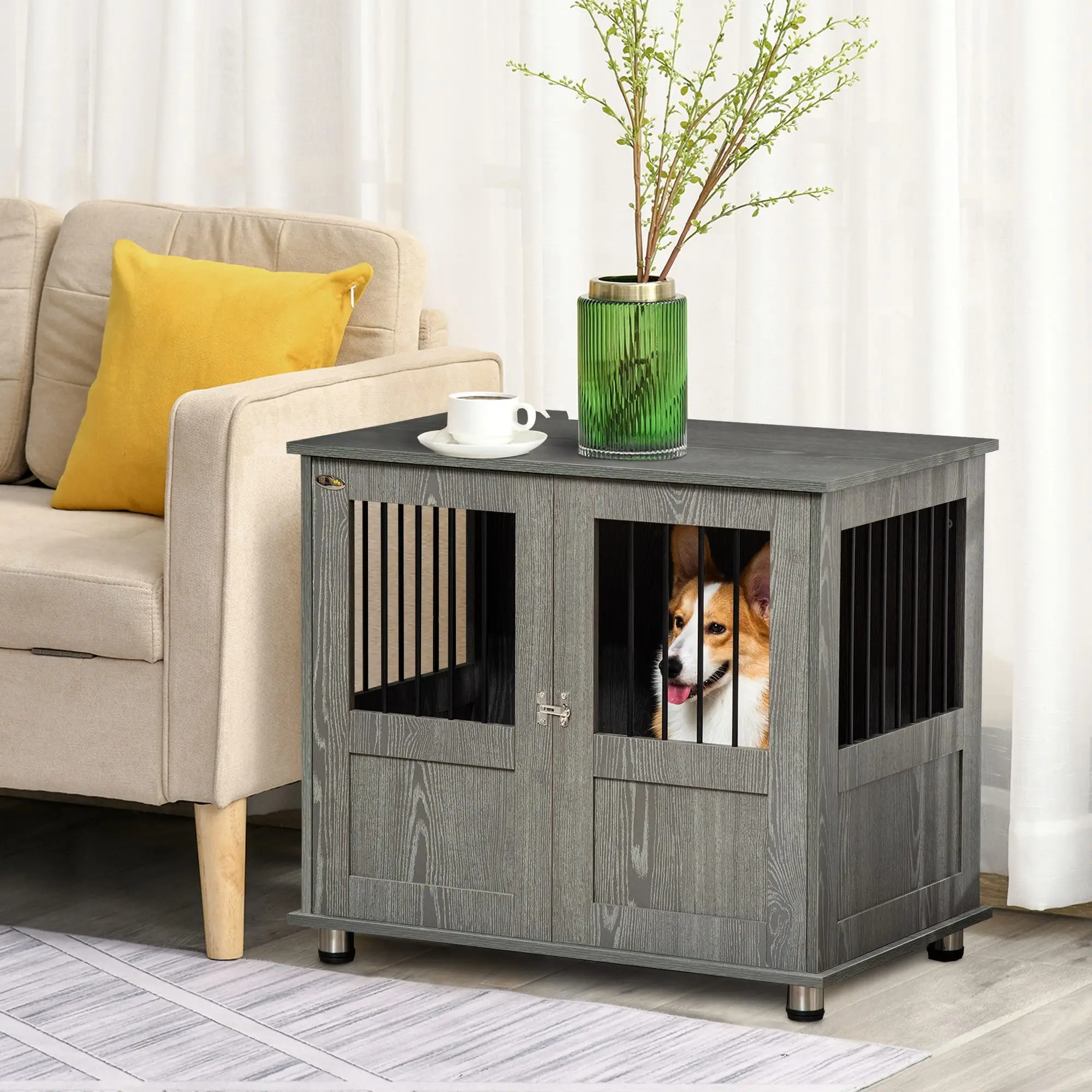 Dog Crate Furniture, Lockable Magnetic Door, Adjustable Feet, Grey - Image 2