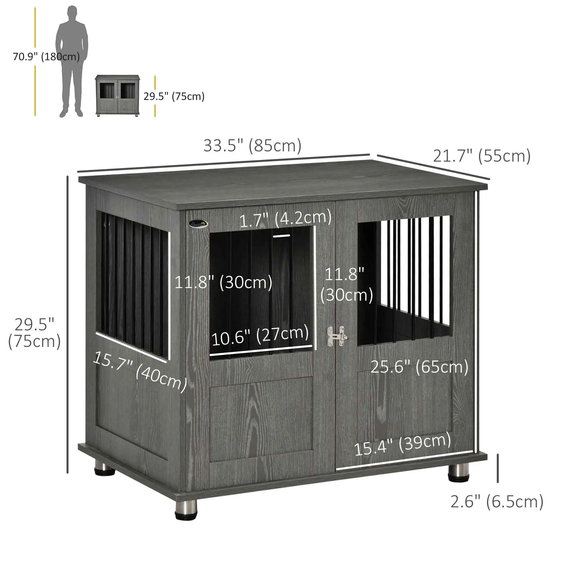 Dog Crate Furniture, Lockable Magnetic Door, Adjustable Feet, Grey - Image 3