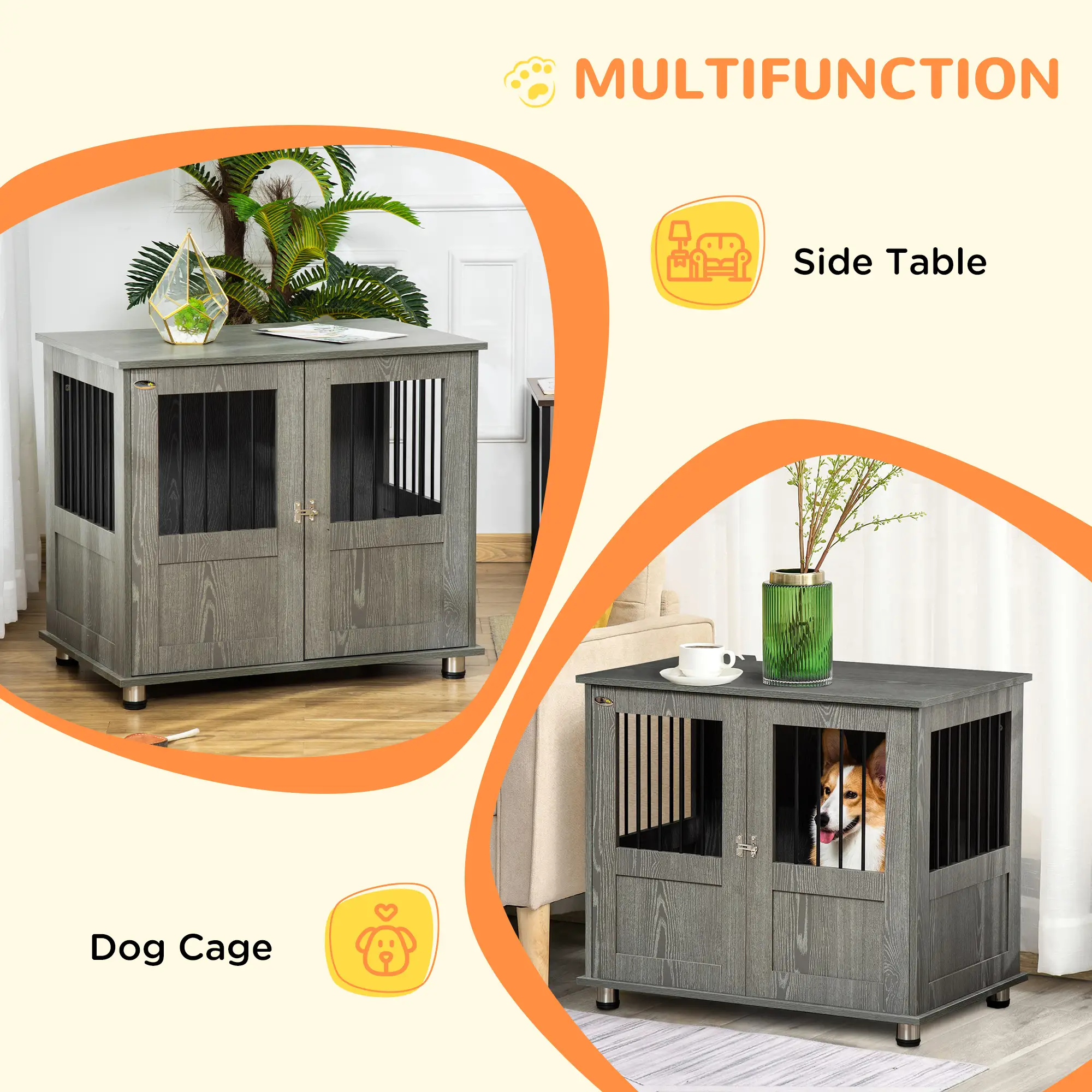 Dog Crate Furniture, Lockable Magnetic Door, Adjustable Feet, Grey - Image 5