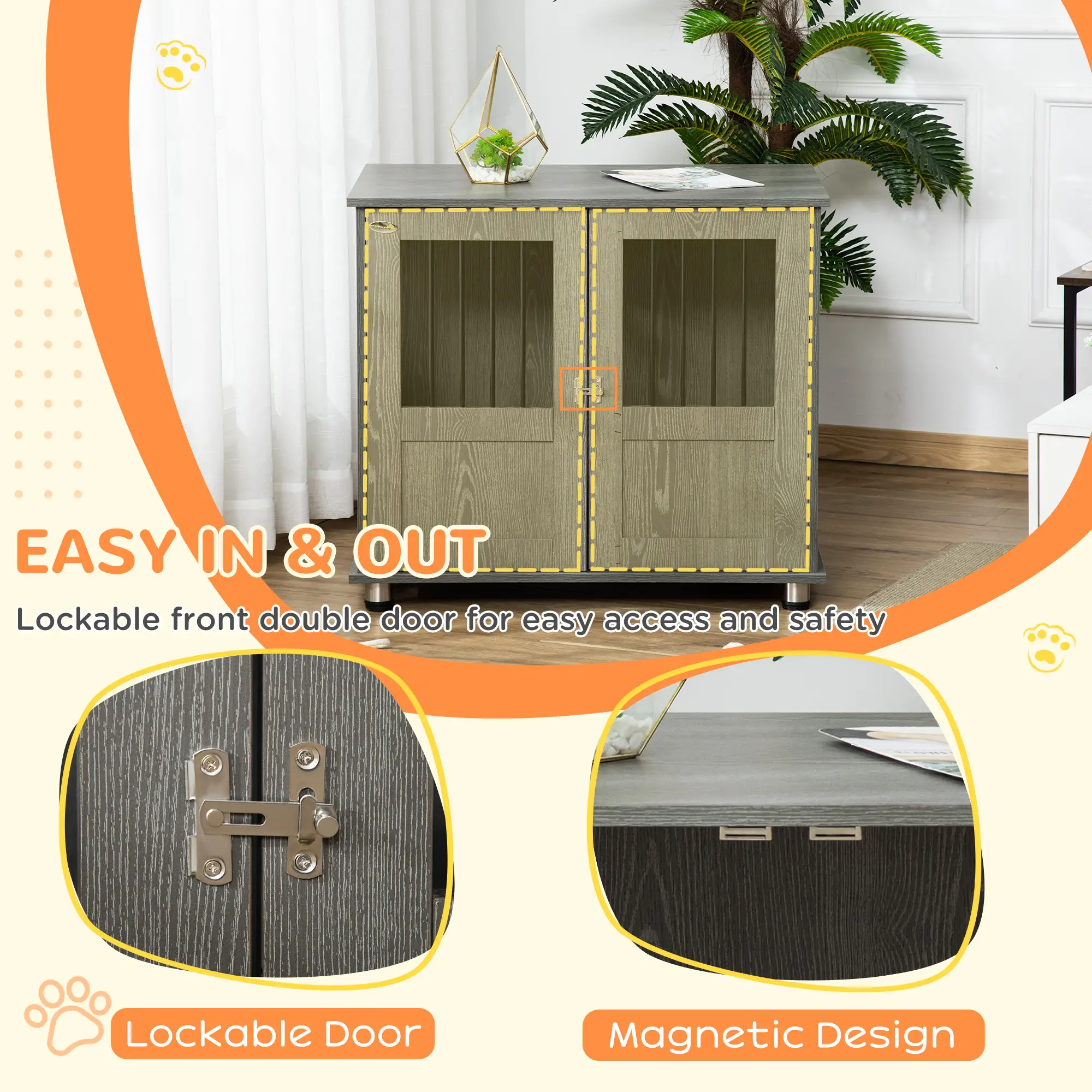 Dog Crate Furniture, Lockable Magnetic Door, Adjustable Feet, Grey - Image 6