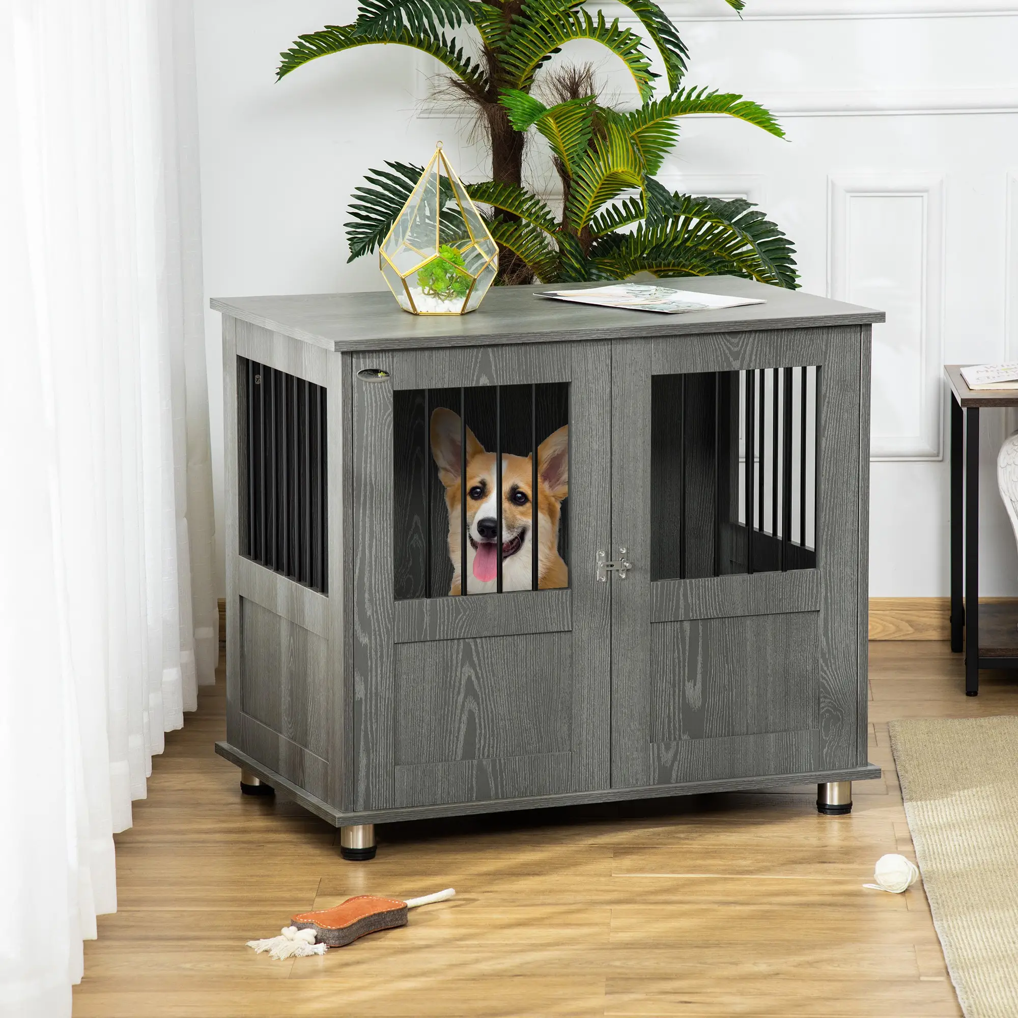 Dog Crate Furniture, Lockable Magnetic Door, Adjustable Feet, Grey - Image 9