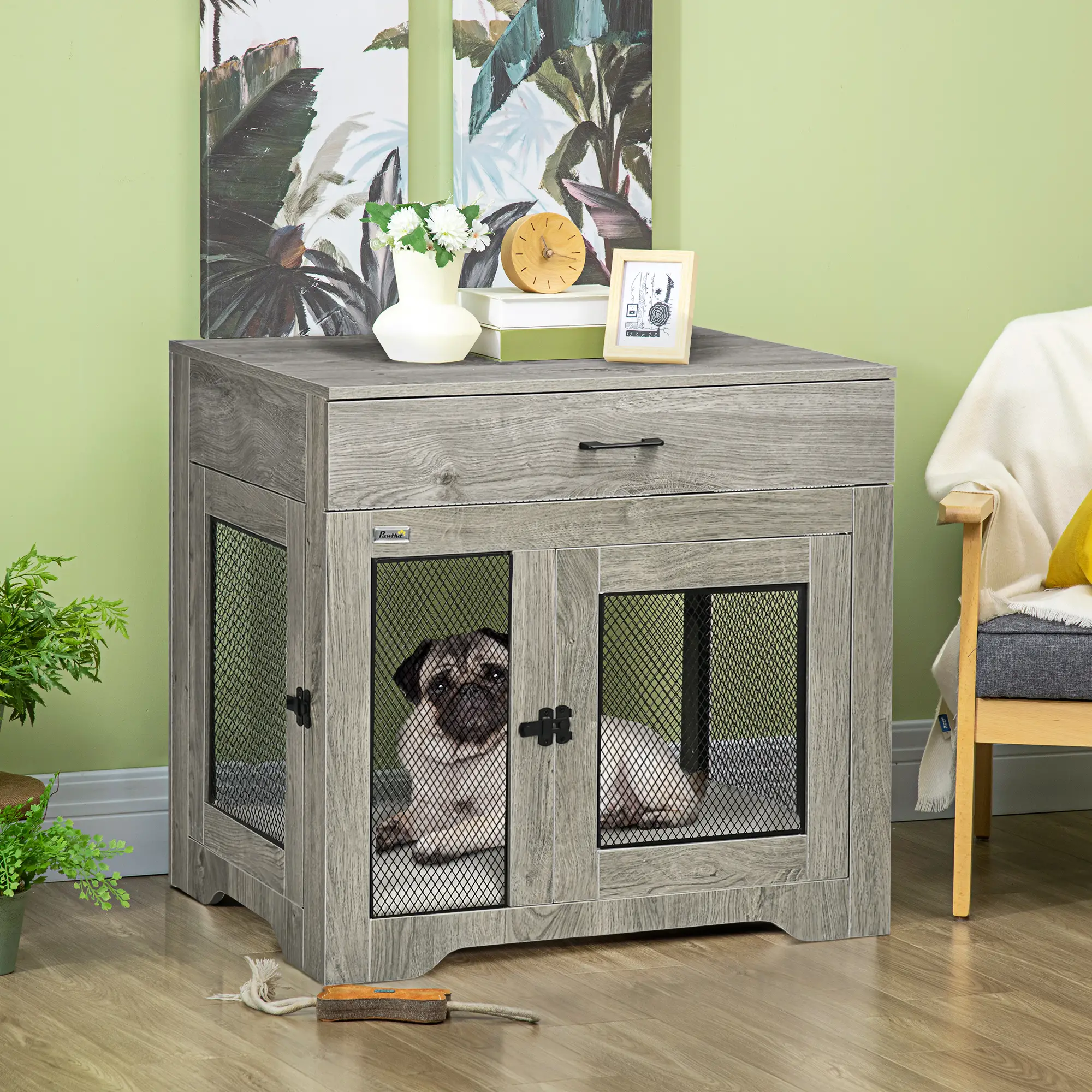 Dog Crate Furniture with Cushion, 2 Doors, Storage, Grey - Image 2