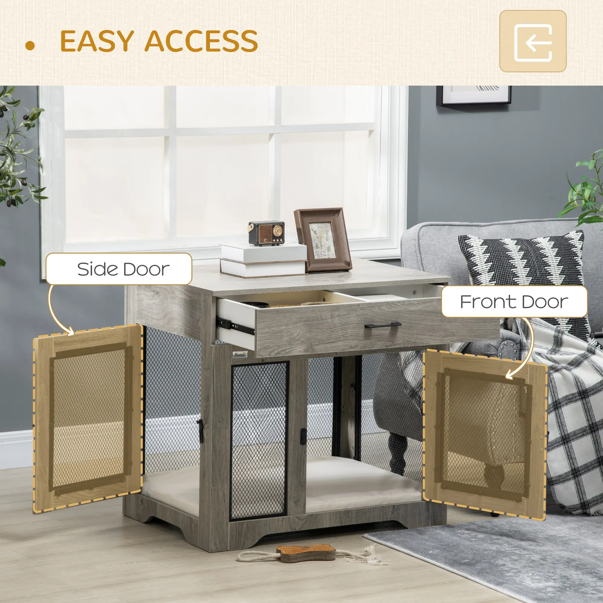 Dog Crate Furniture with Cushion, 2 Doors, Storage, Grey - Image 5