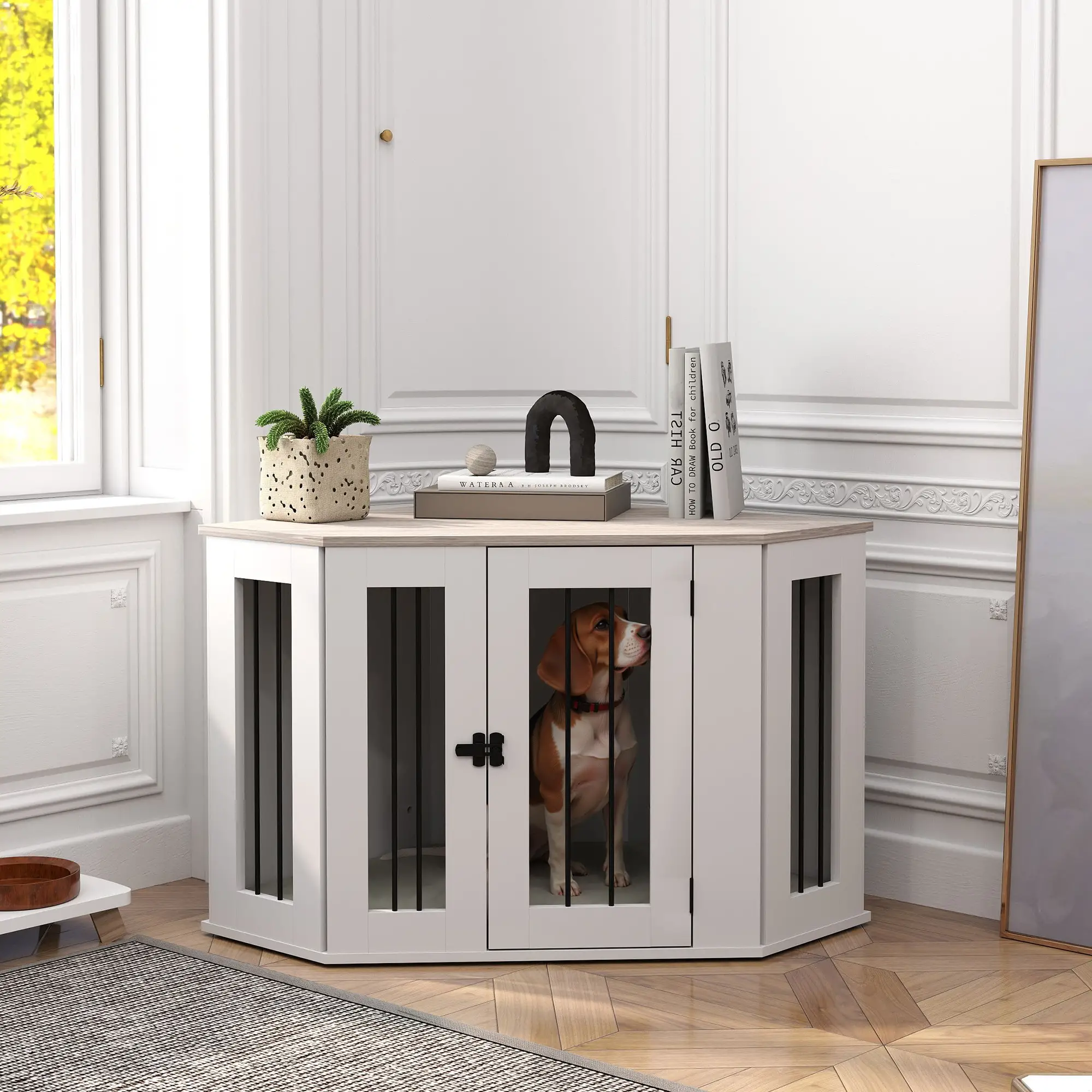 Dog Crate Furniture with Cushion, 41 Inch, Corner Design, Multi Color - Image 2
