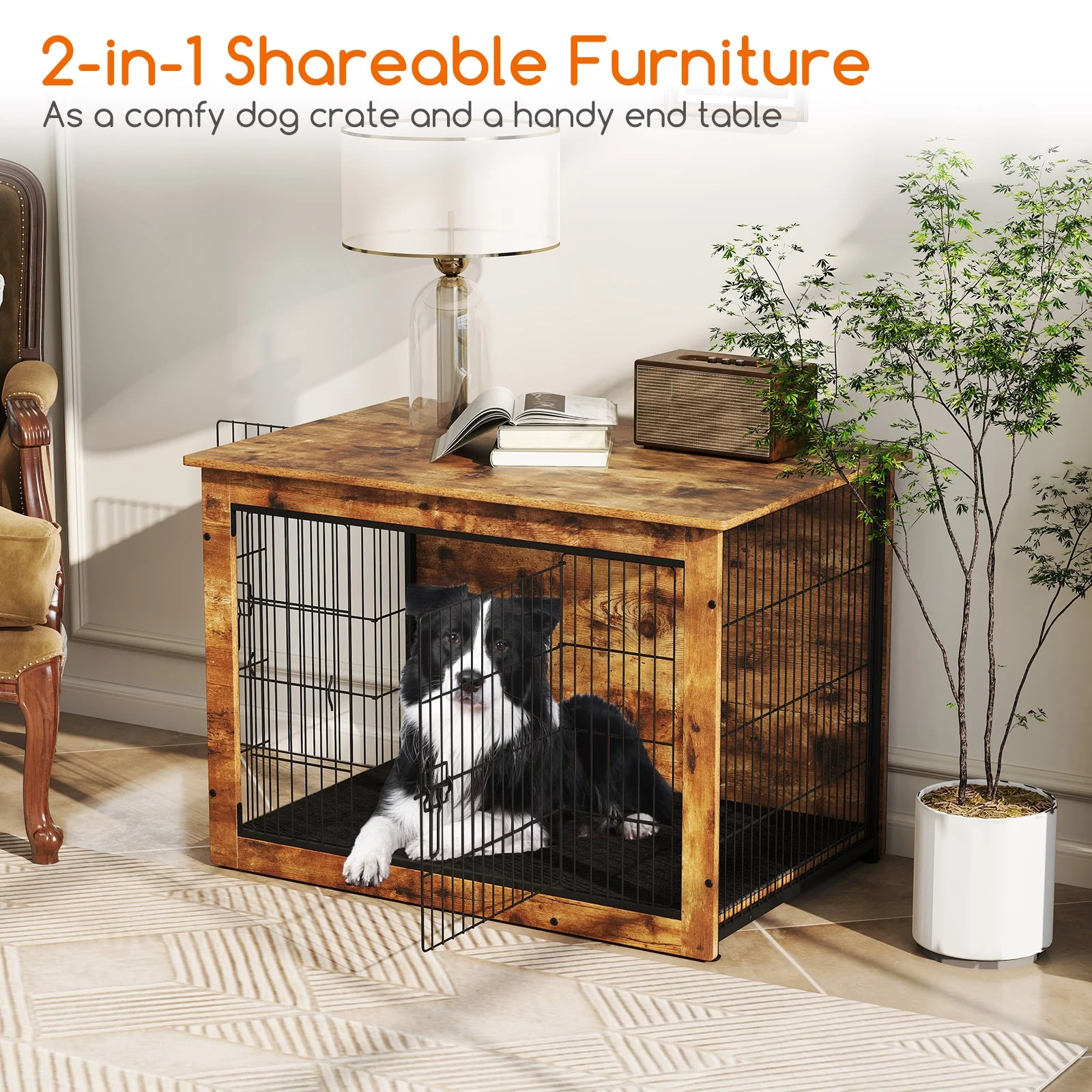 Dog Crate Furniture With Cushion, Double Doors, 37 Inches - Image 10